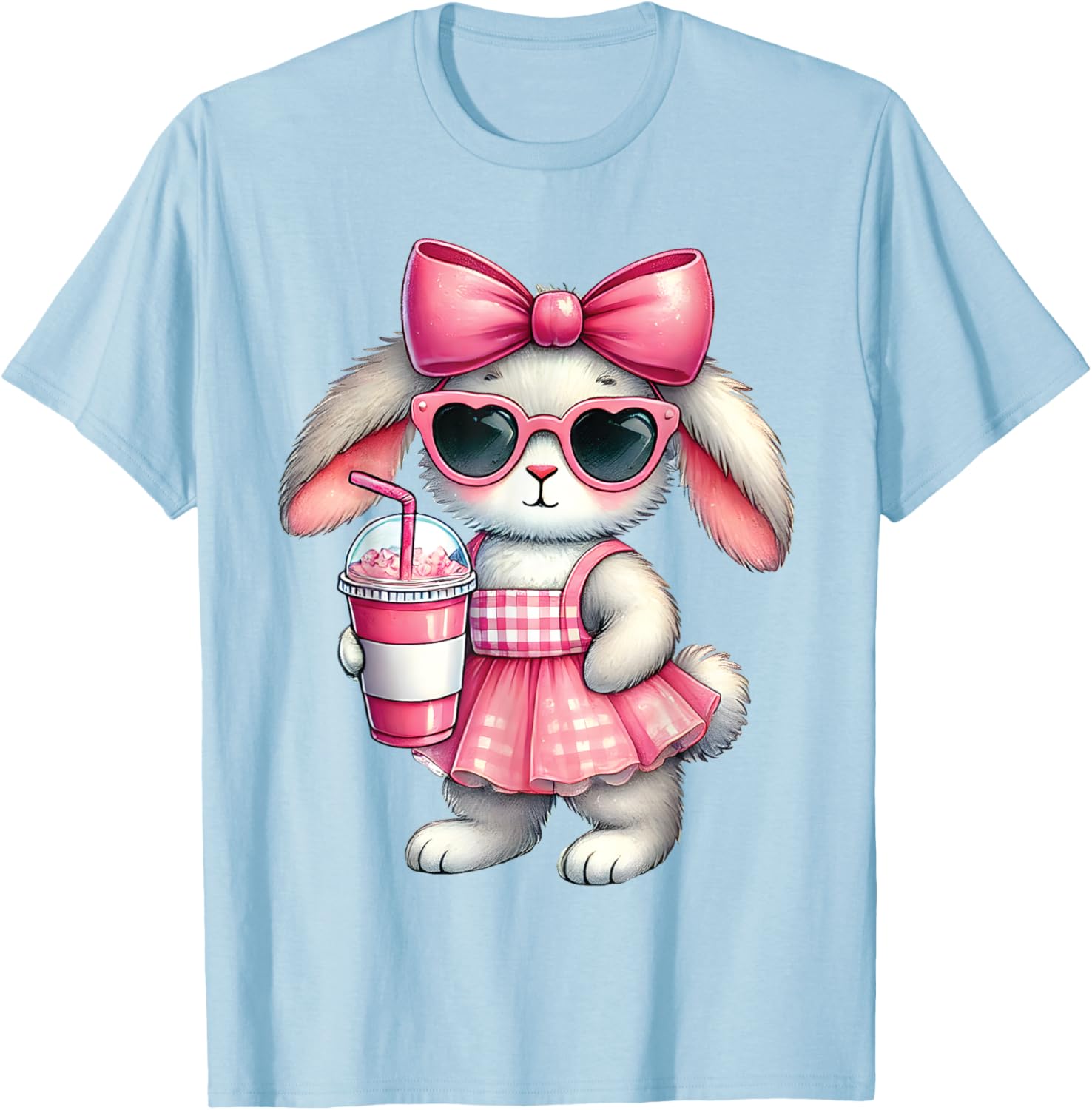 Cute Easter Bunny Drinking Iced Coffee T-Shirt for Women and Girls - 26