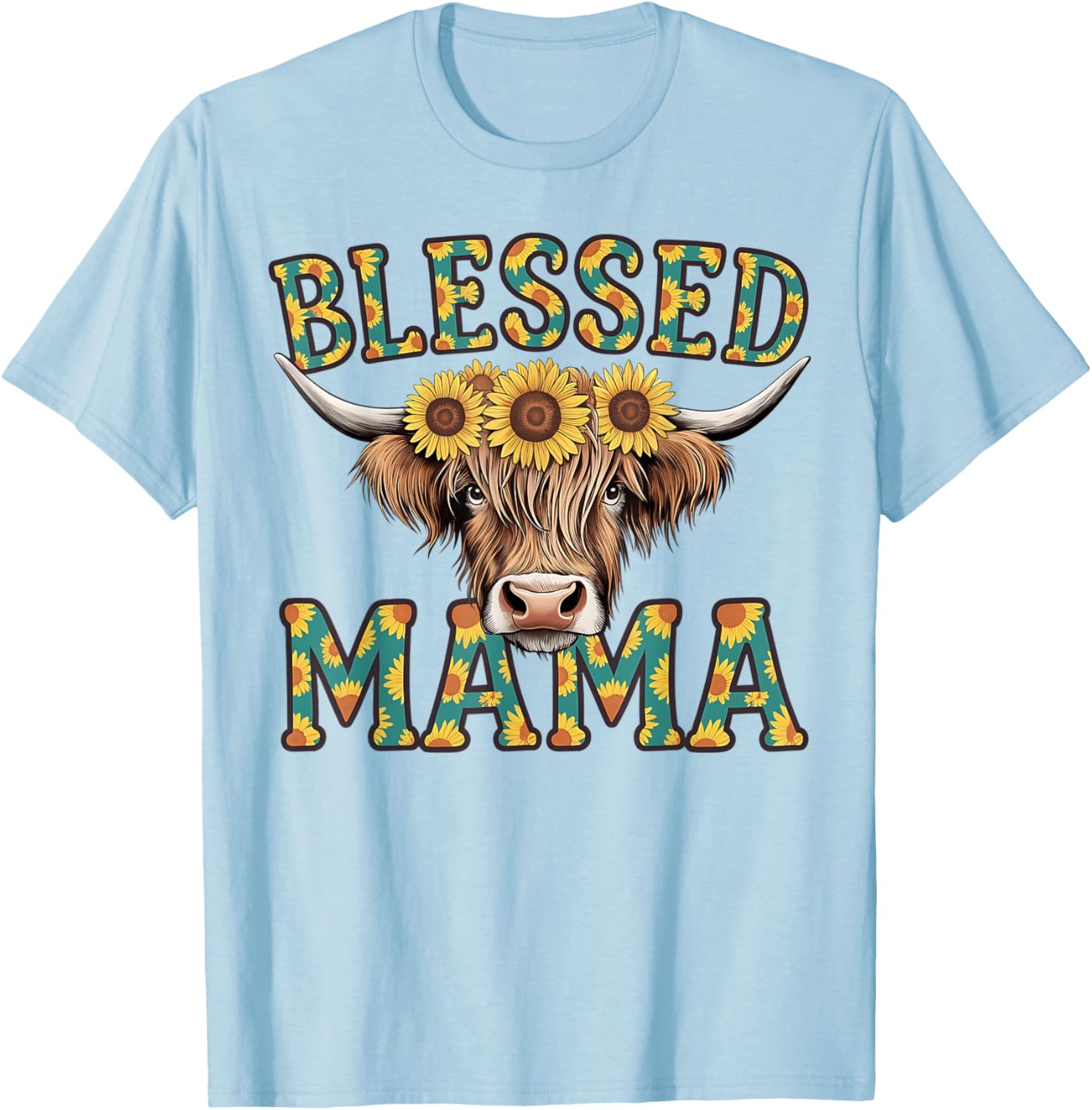 Cute Blessed Mama Highland Cow T-Shirt with Sunflowers for Mother's Day - 16