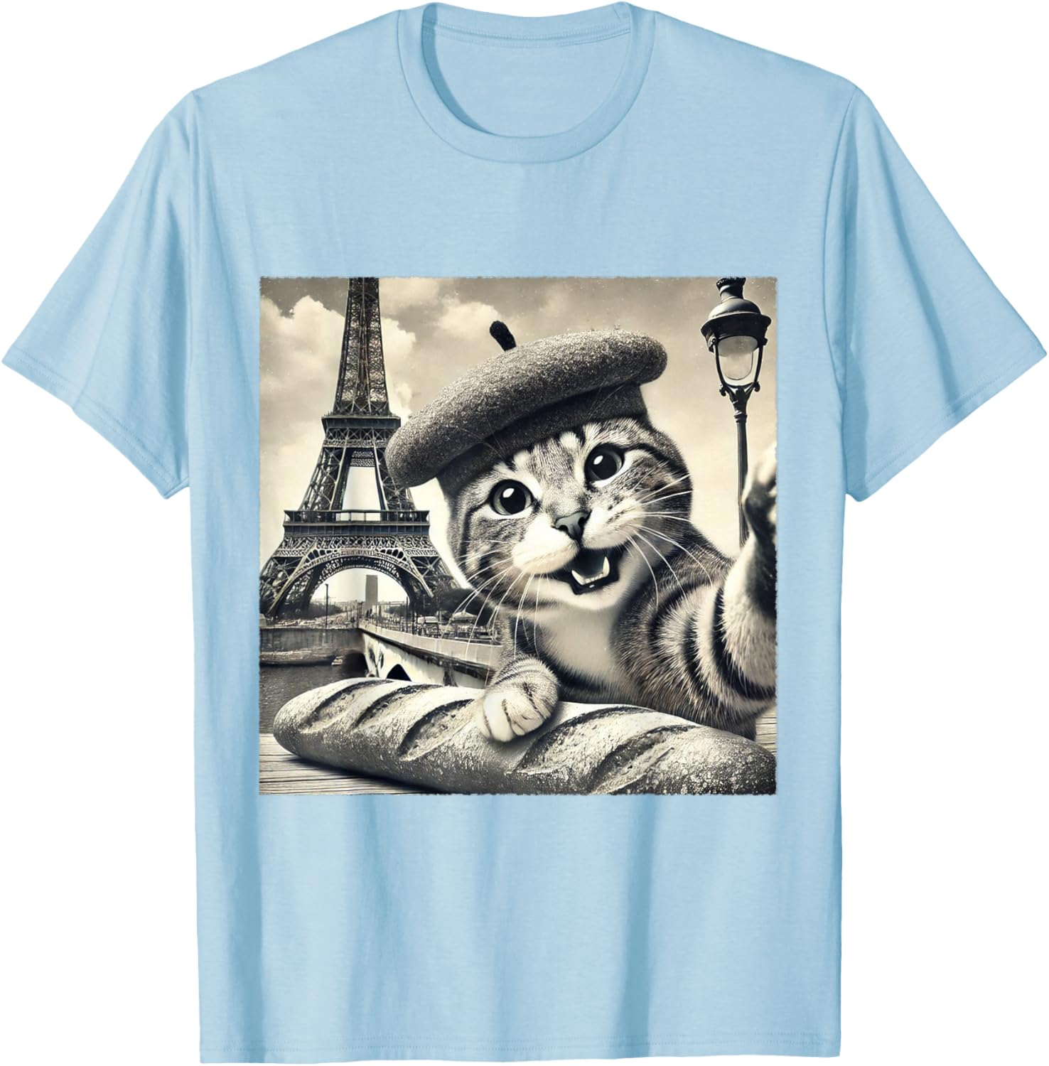 Funny Paris Cat in Beret with Baguette Eiffel Tower T-Shirt for Cat Lovers - 18