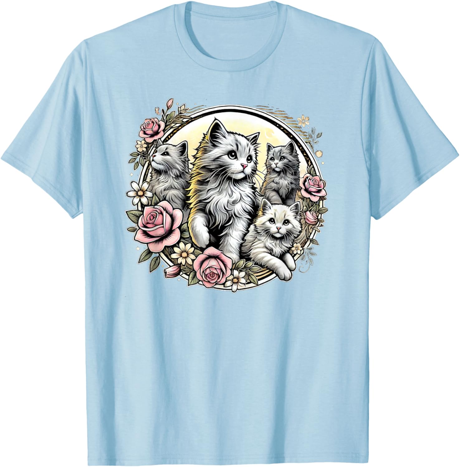 Cute Fluffy Kittens with Vintage Roses T-Shirt for Cat Lovers - 26