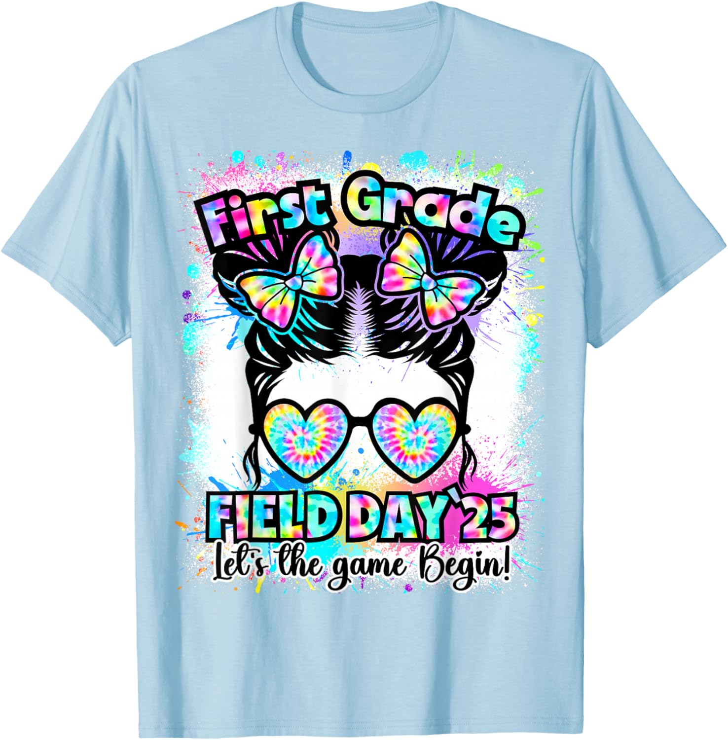 First Grade Field Day 2025 Messy Bun Teacher Kids T-Shirt Fun Design - 24
