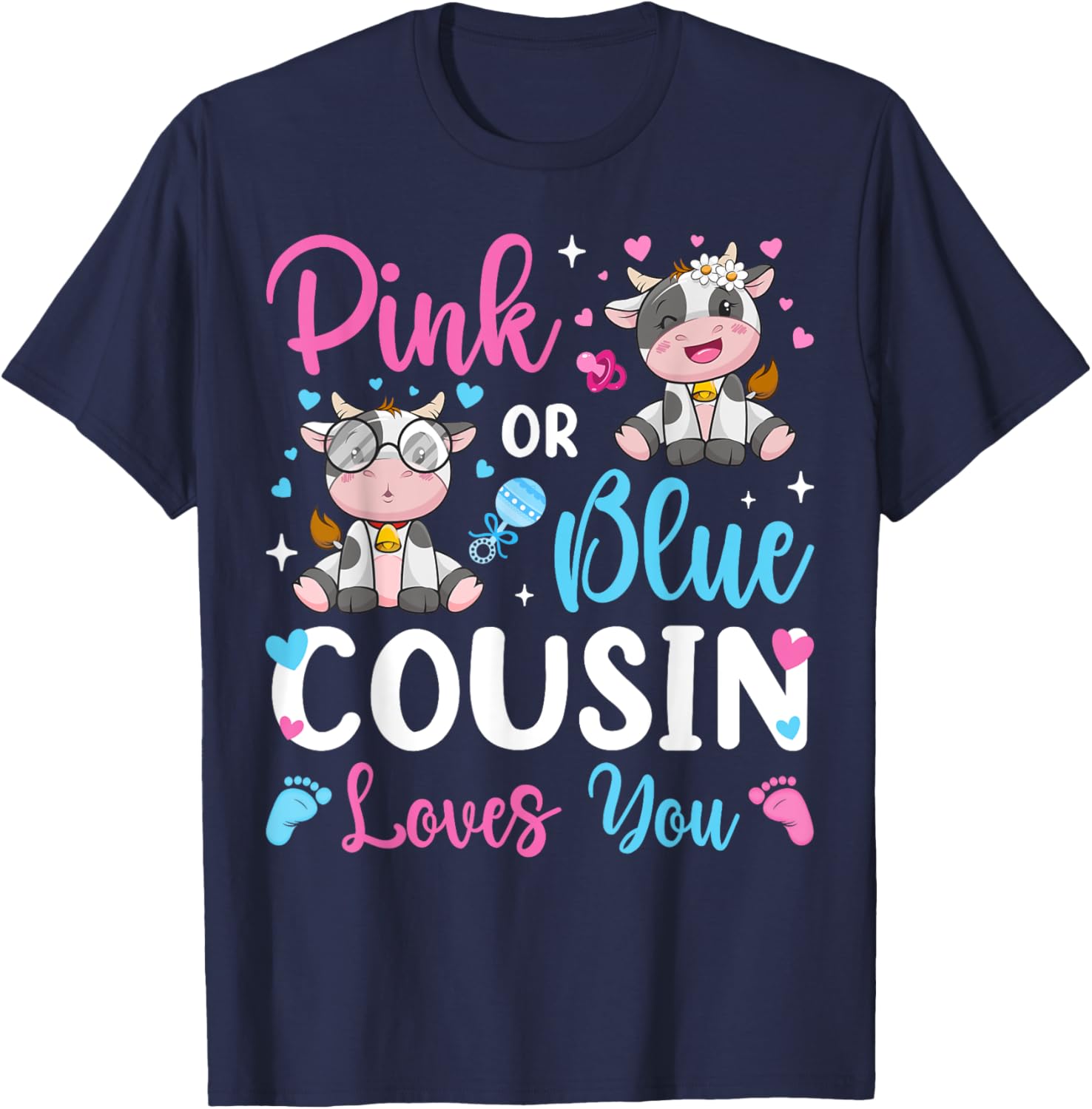Cute Pink or Blue Cousin Loves You Cow Baby Gender Reveal T-Shirt - 7