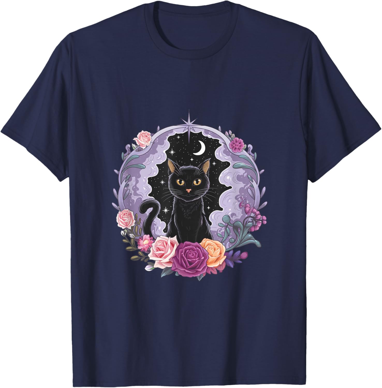 Cute Kawaii Purple Gothic T-Shirt with Black Cat and Moon Crystal Design - 3