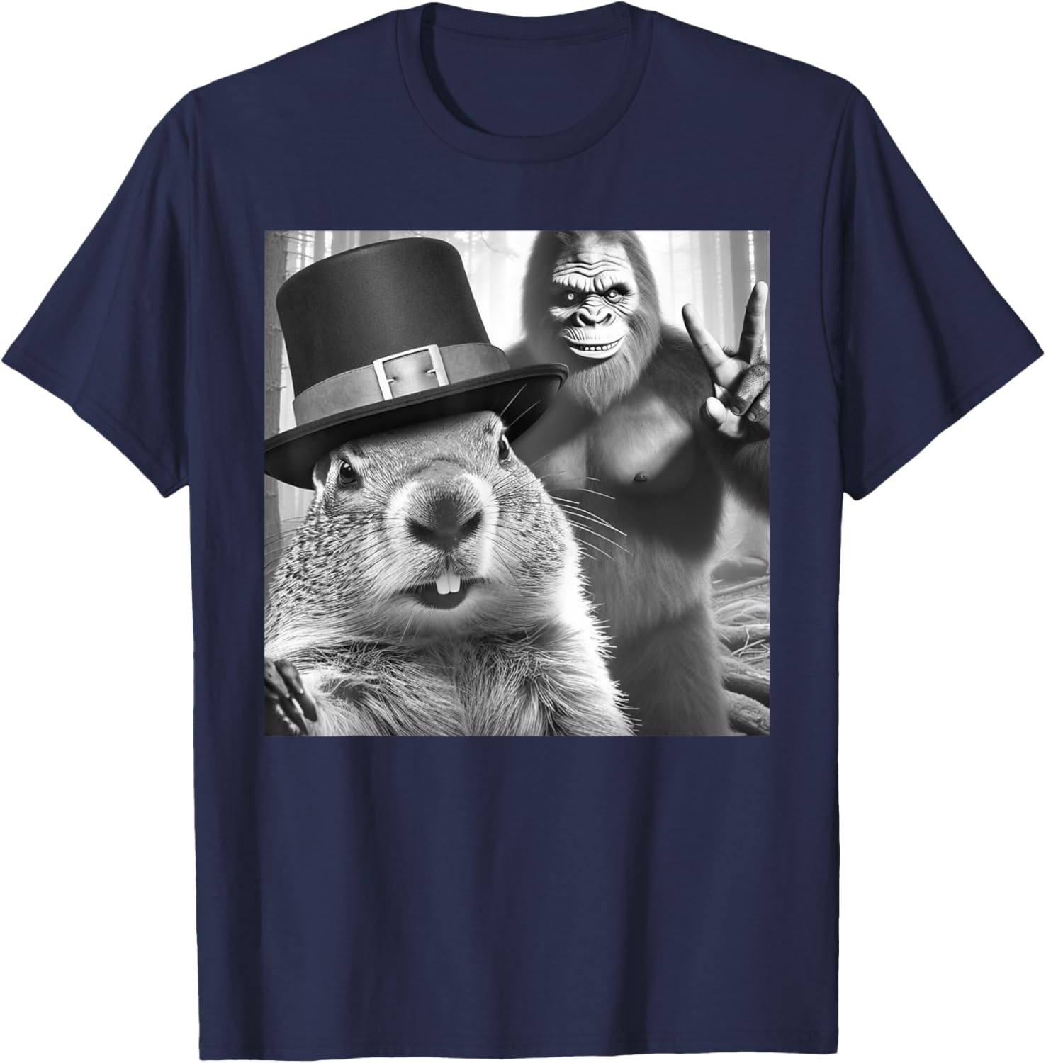 Funny Groundhog Day T-Shirt with Groundhog Taking Selfie with Bigfoot - 12