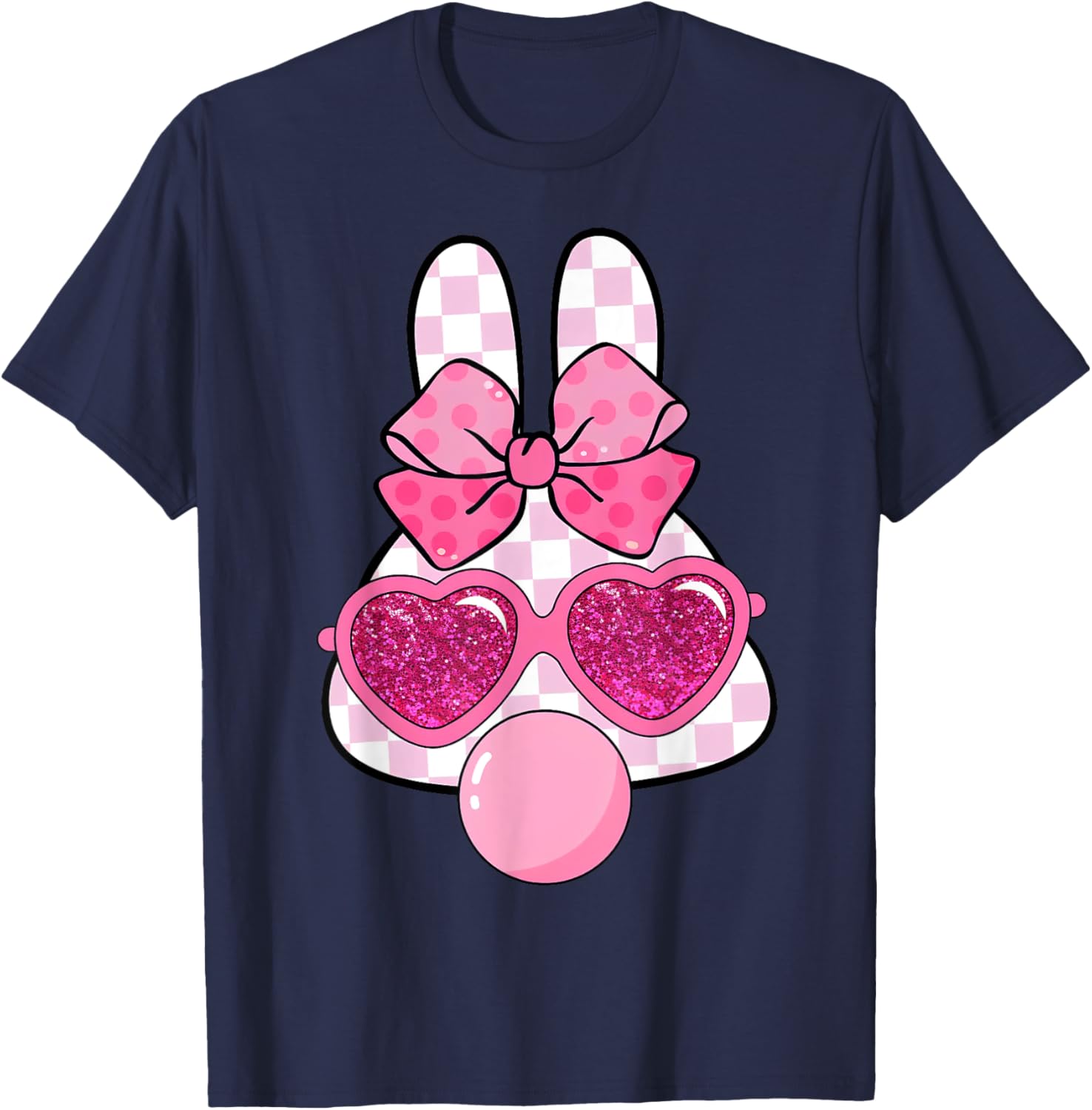 Checkered Bunny with Bubble Gum Coquette Bow Easter T-Shirt for Fun Style - 19