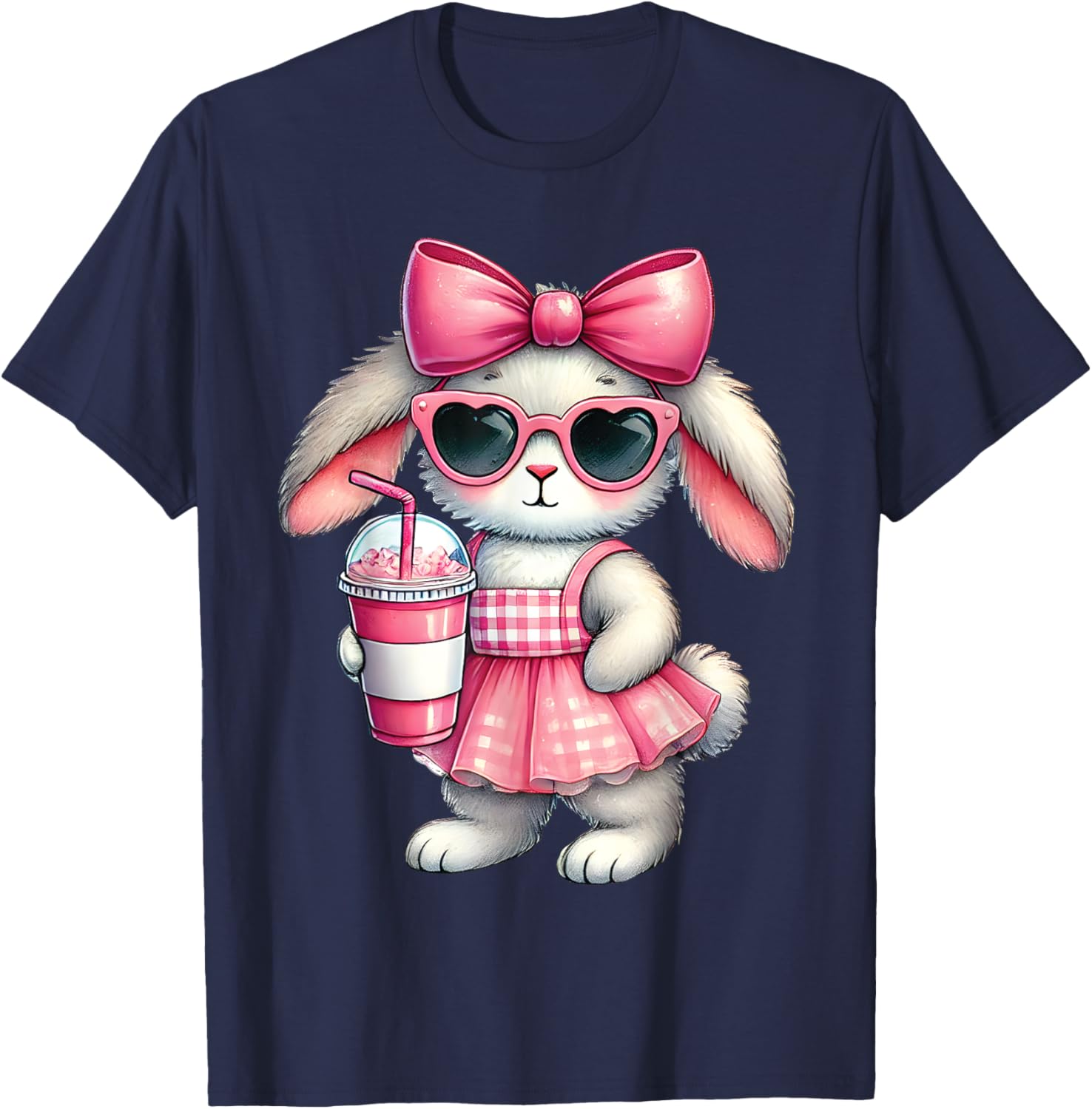 Cute Easter Bunny Drinking Iced Coffee T-Shirt for Women and Girls - 29