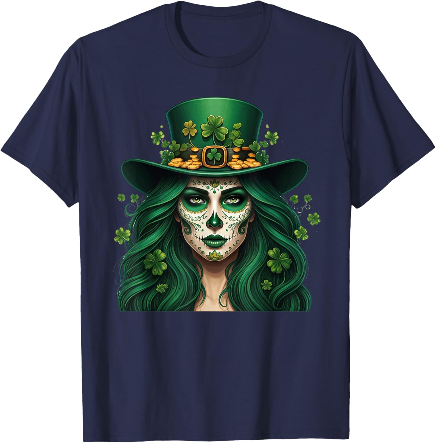 Cute Sugar Skull St Patrick's Day T-Shirt with Shamrock Design for Women - 17