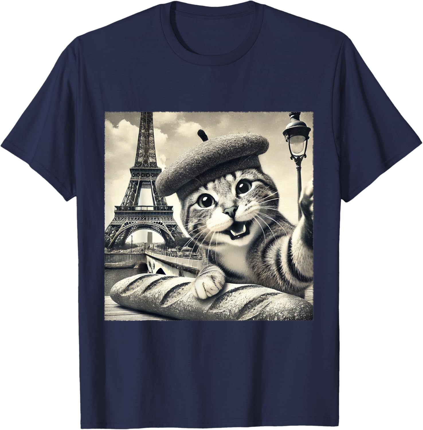 Funny Paris Cat in Beret with Baguette Eiffel Tower T-Shirt for Cat Lovers - 27