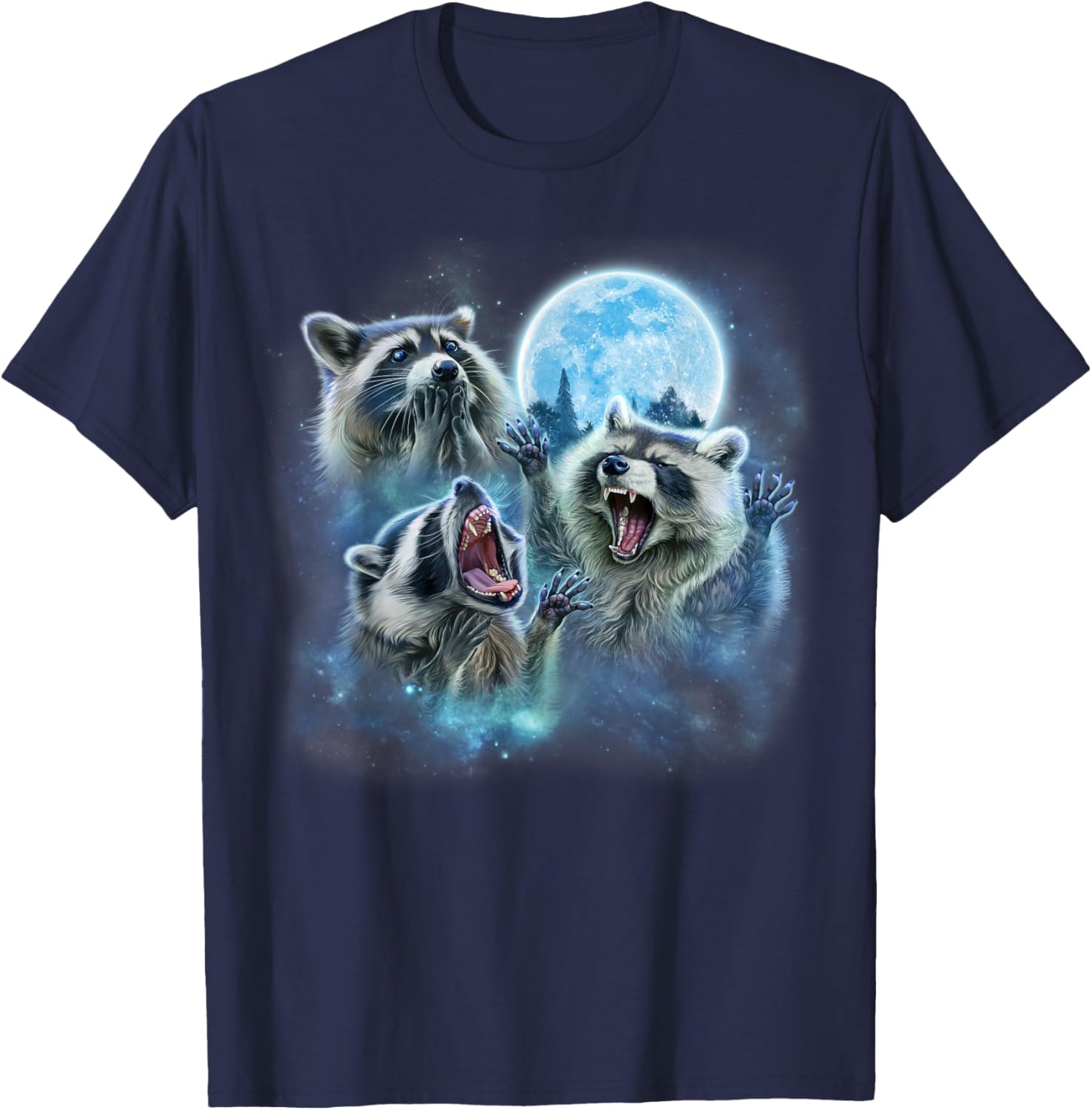 Cosmic Raccoon Trio Howling Under Moonlit Galaxy T-Shirt for Fun Lovers - 2