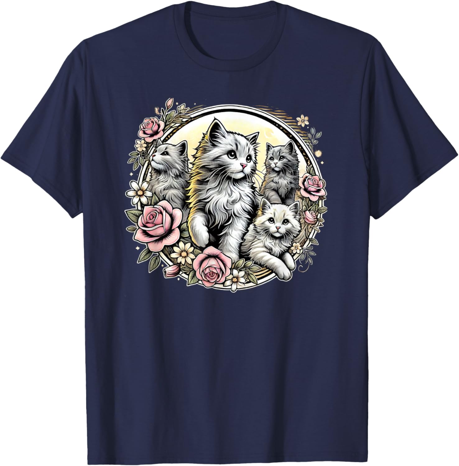 Cute Fluffy Kittens with Vintage Roses T-Shirt for Cat Lovers - 12