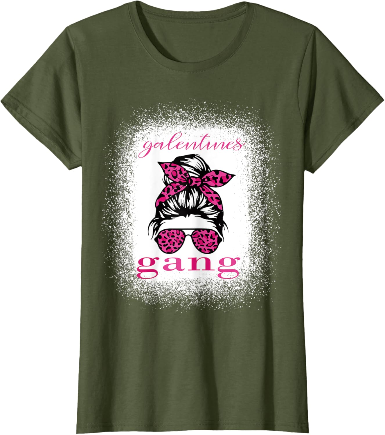 Galentine Gang Matching T-Shirt with Messy Bun Leopard Bleached Design - 1