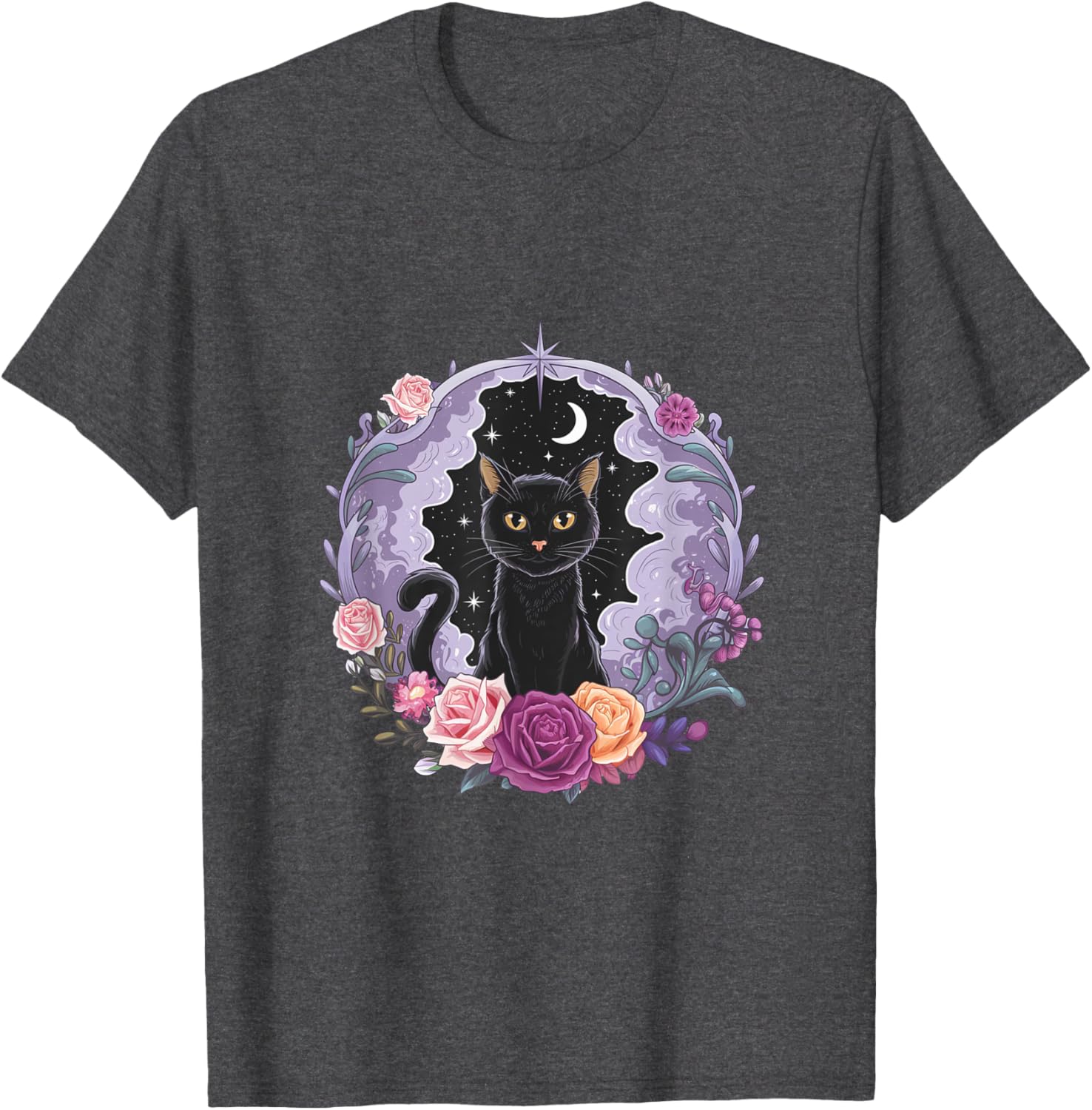 Cute Kawaii Purple Gothic T-Shirt with Black Cat and Moon Crystal Design - 28