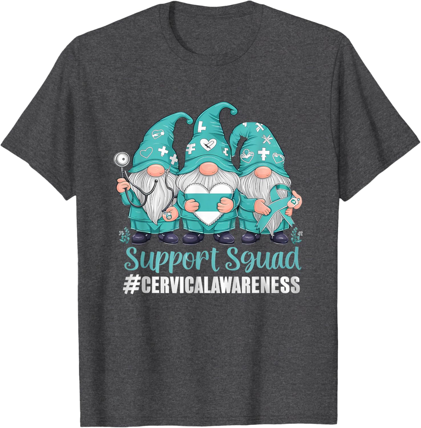 Cervical Cancer Awareness Gnome Teal Ribbon T-Shirt for Supporters - 12