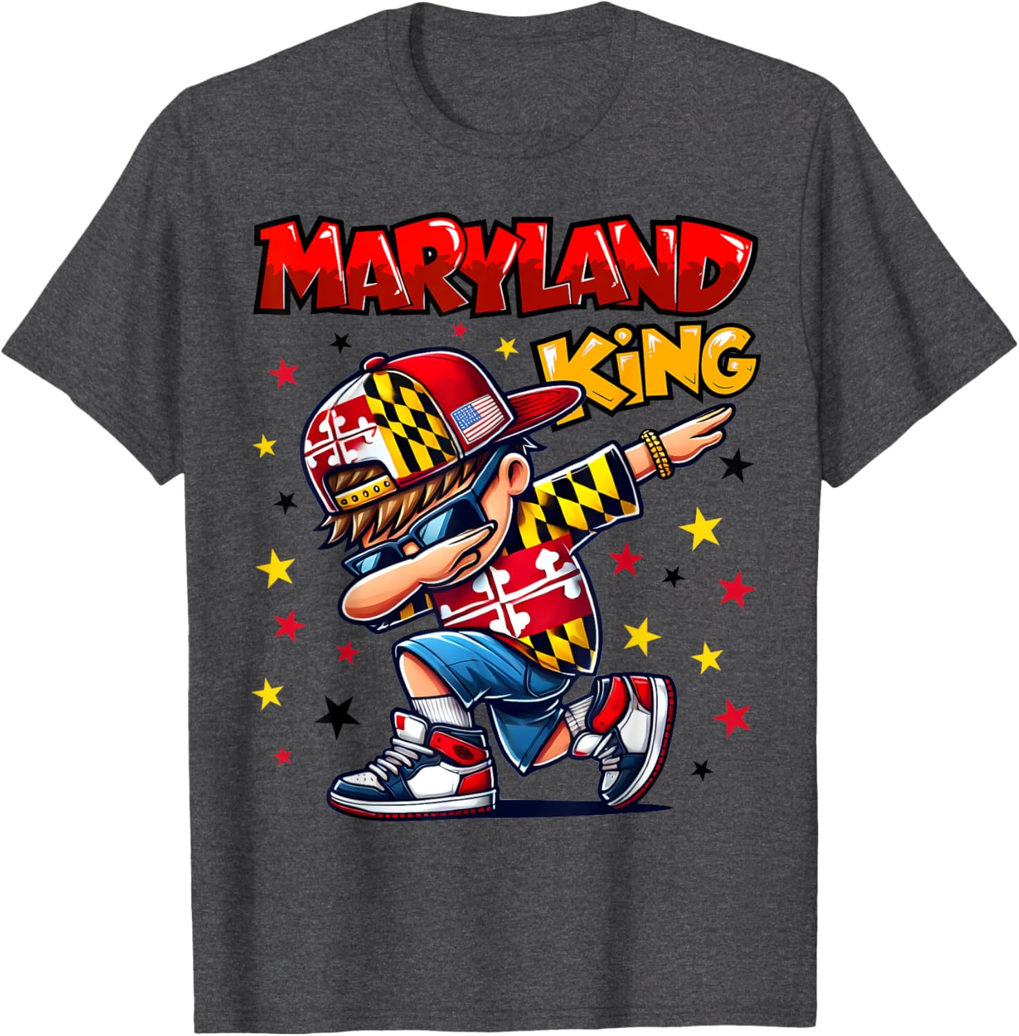 Cool Maryland King Dabbing T-Shirt for Kids Featuring State Flag Design - 1