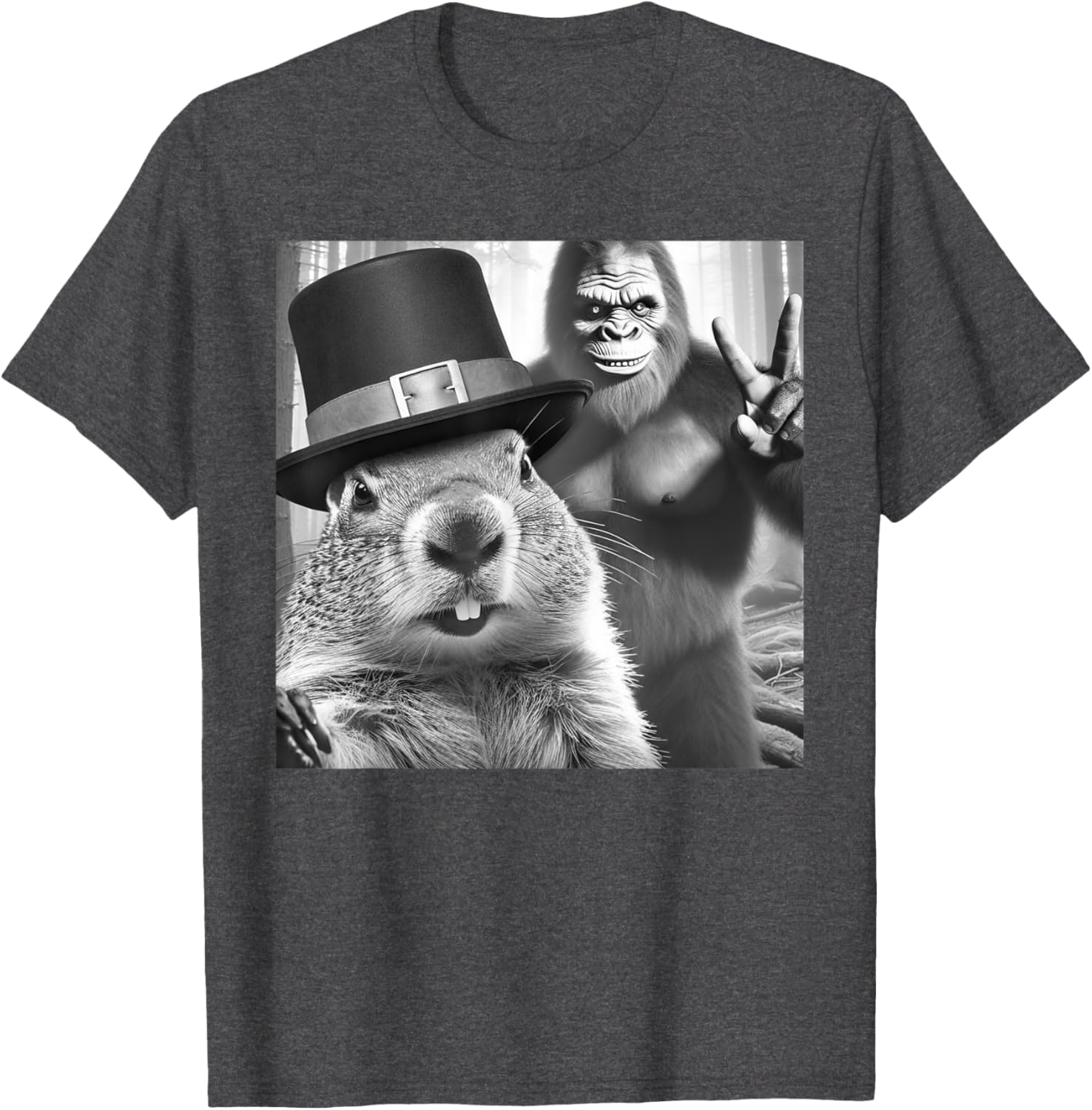 Funny Groundhog Day T-Shirt with Groundhog Taking Selfie with Bigfoot - 5