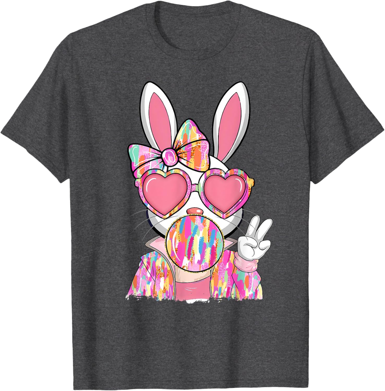 Cute Brushstroke Bunny Blowing Bubble Gum Easter Bow T-Shirt for Kids - 17