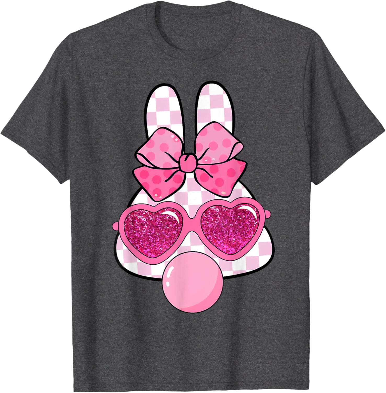 Checkered Bunny with Bubble Gum Coquette Bow Easter T-Shirt for Fun Style - 4