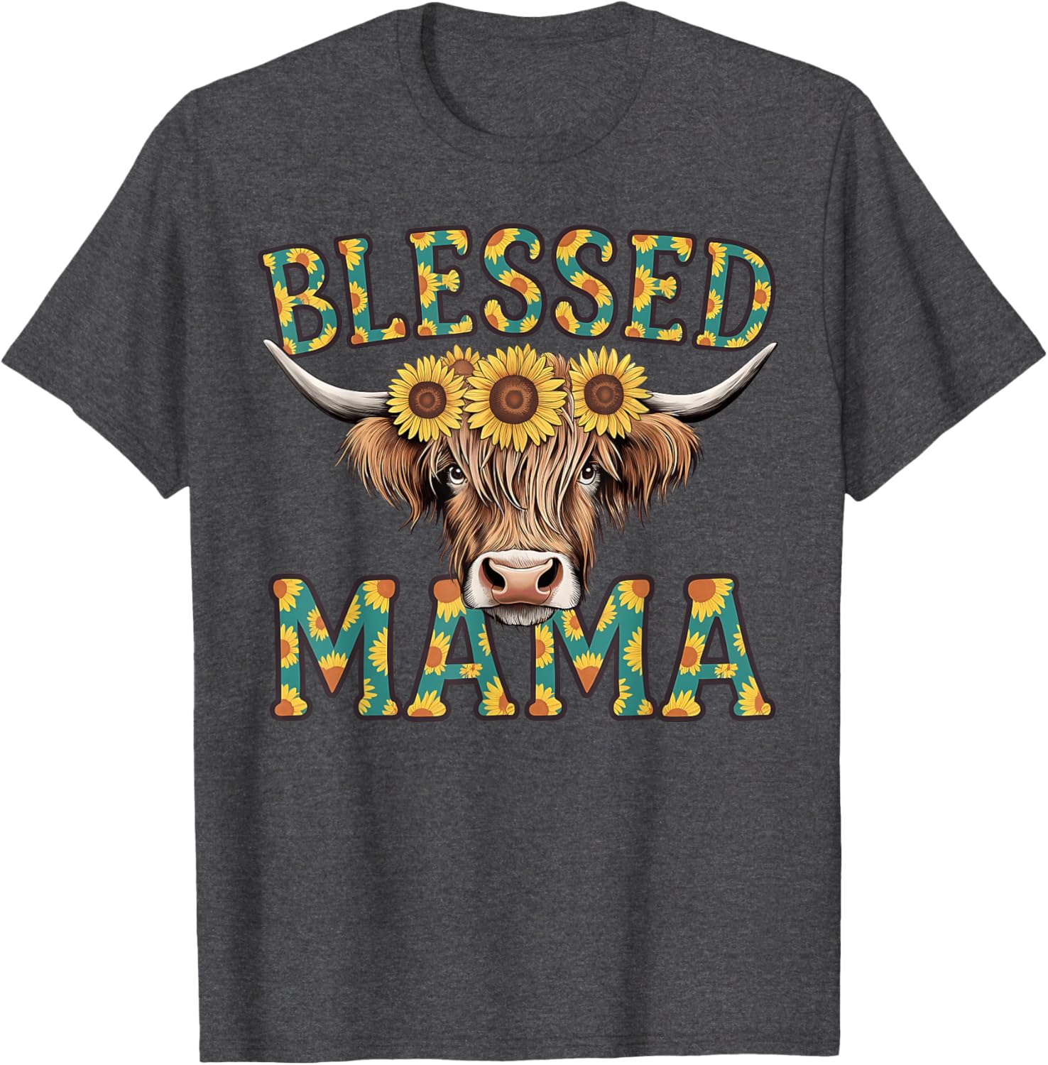 Cute Blessed Mama Highland Cow T-Shirt with Sunflowers for Mother's Day - 14