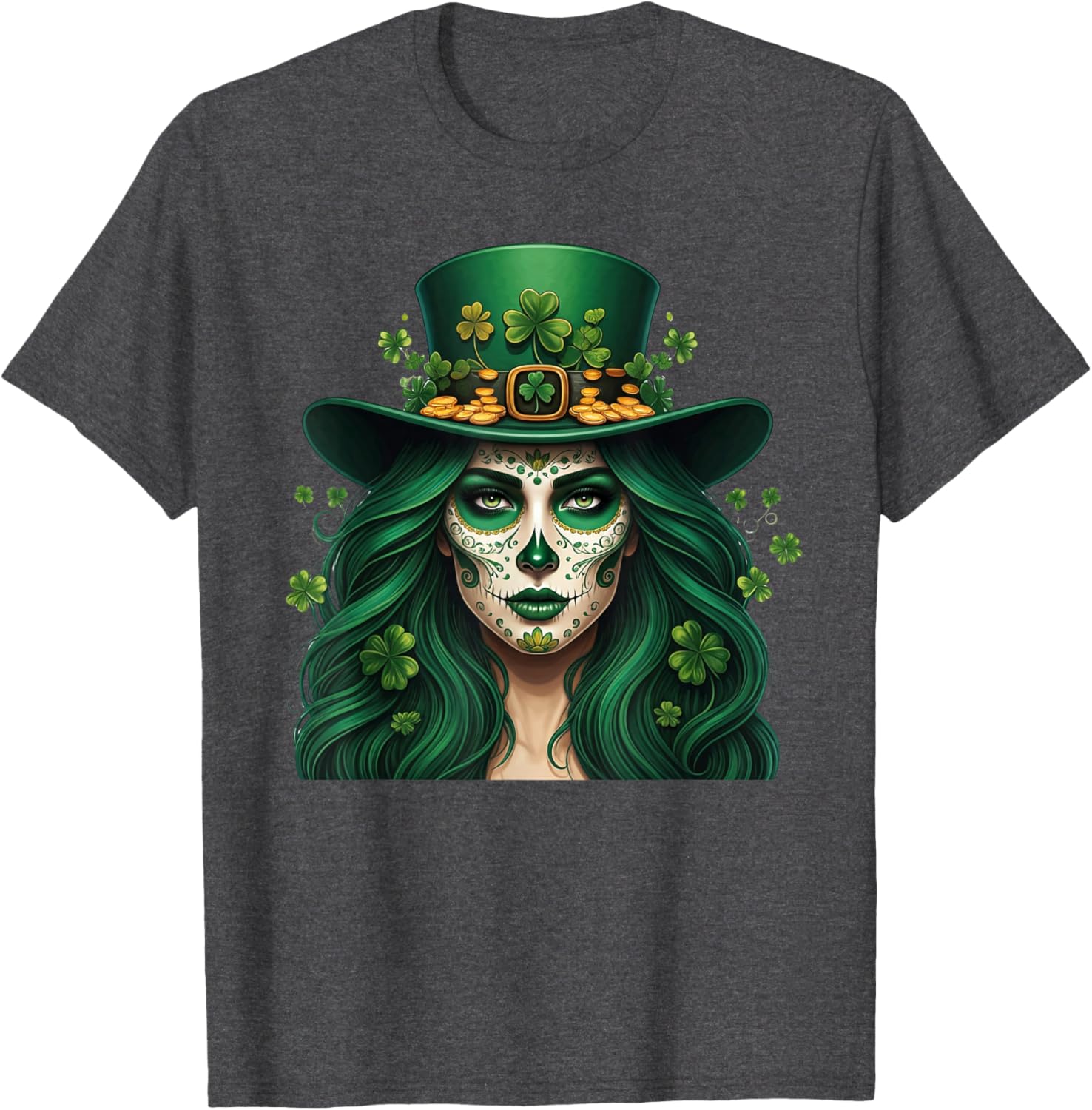 Cute Sugar Skull St Patrick's Day T-Shirt with Shamrock Design for Women - 11