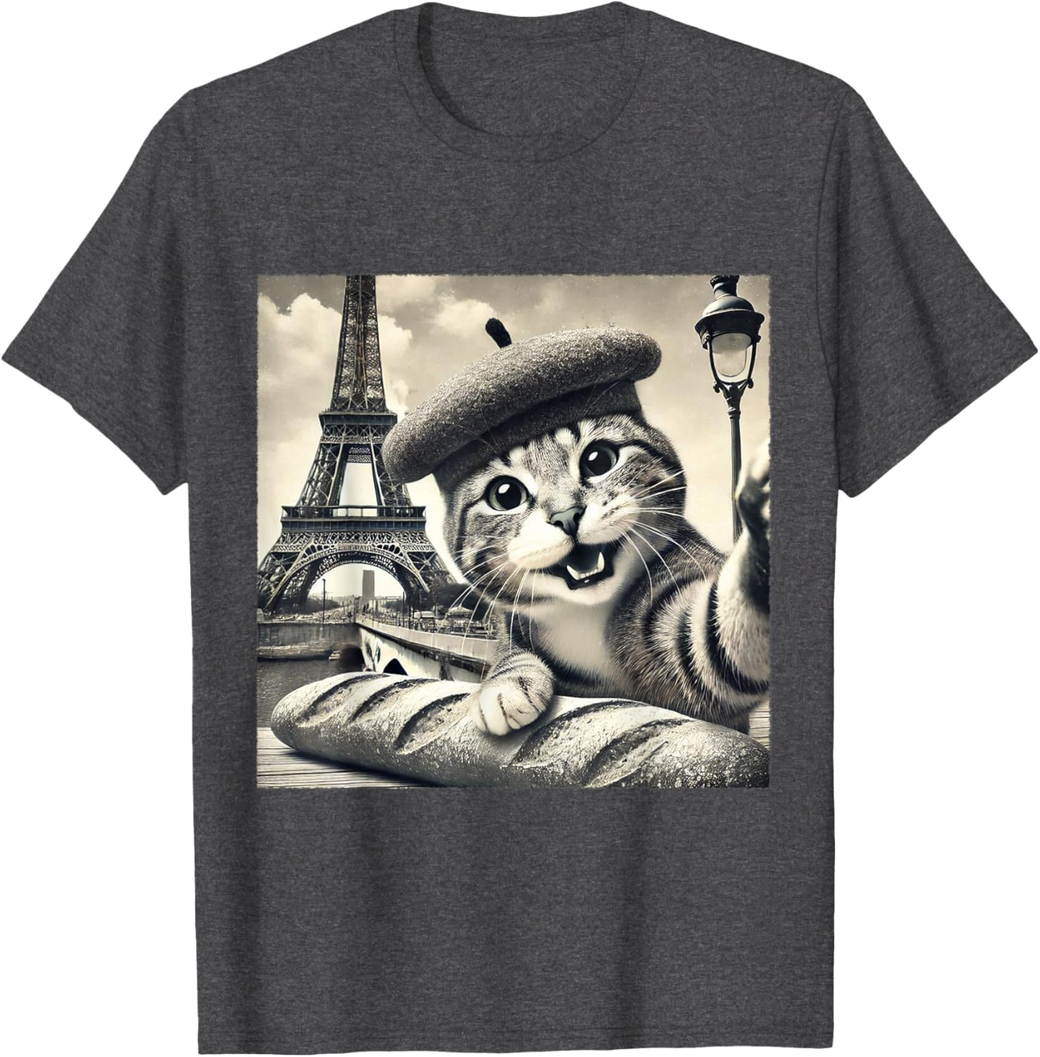 Funny Paris Cat in Beret with Baguette Eiffel Tower T-Shirt for Cat Lovers - 29