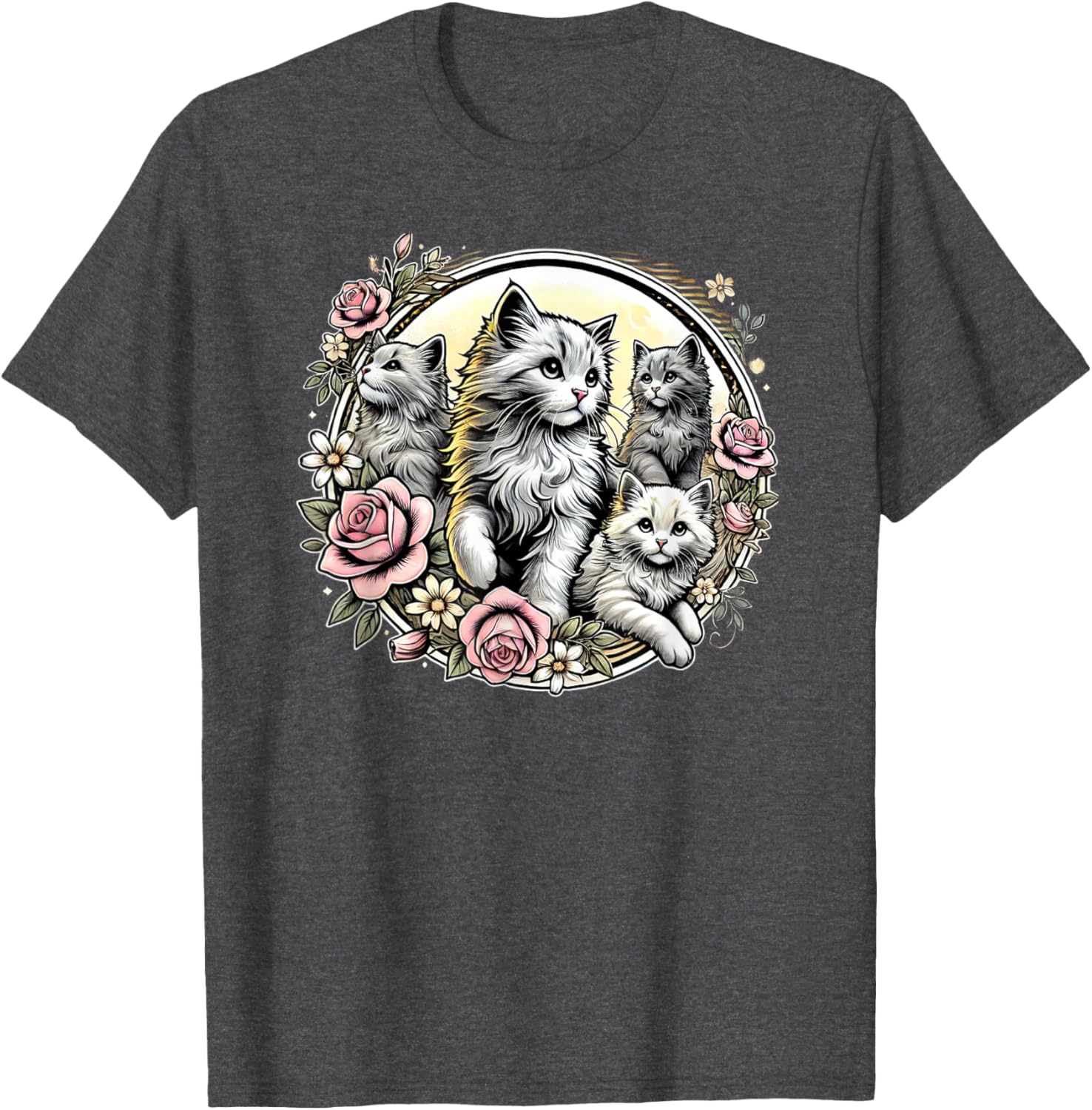 Cute Fluffy Kittens with Vintage Roses T-Shirt for Cat Lovers - 27