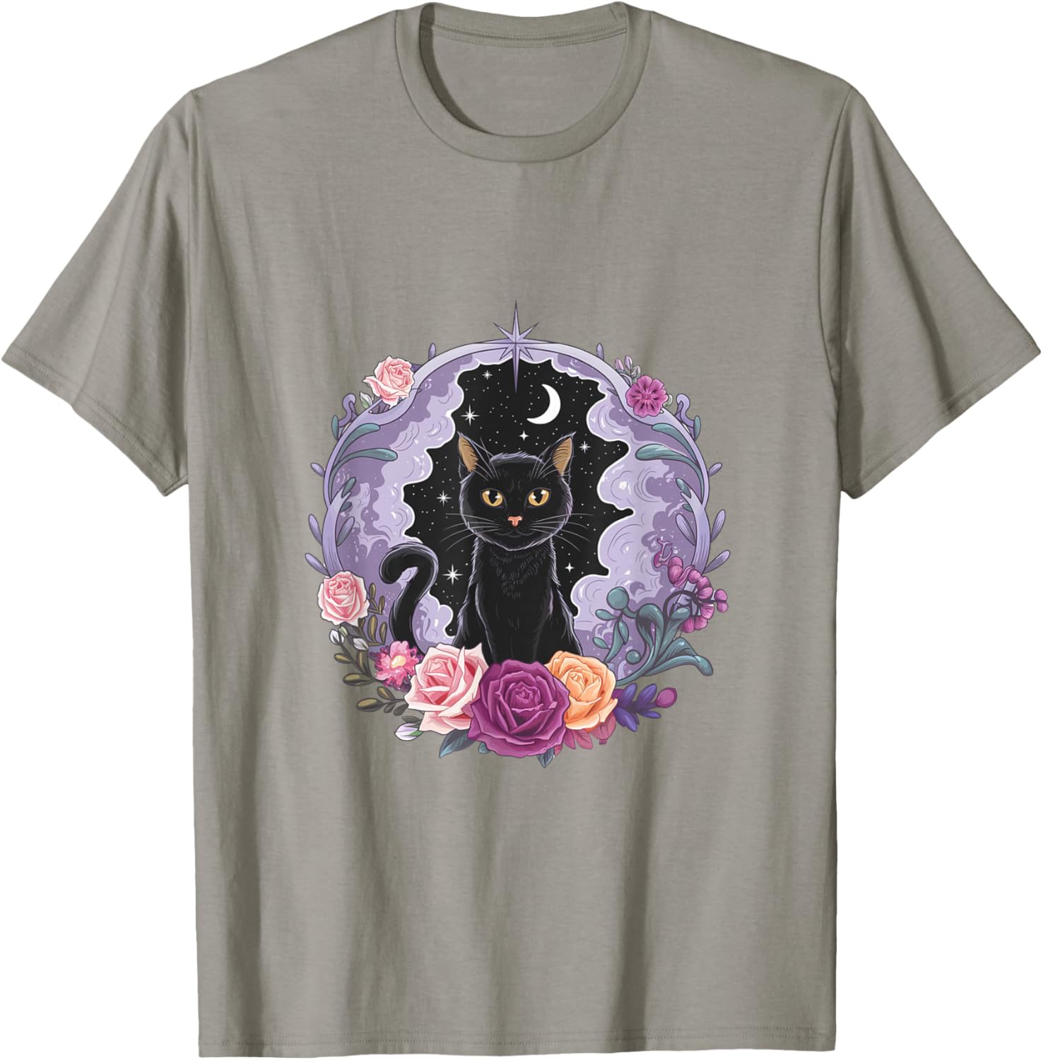 Cute Kawaii Purple Gothic T-Shirt with Black Cat and Moon Crystal Design - 17