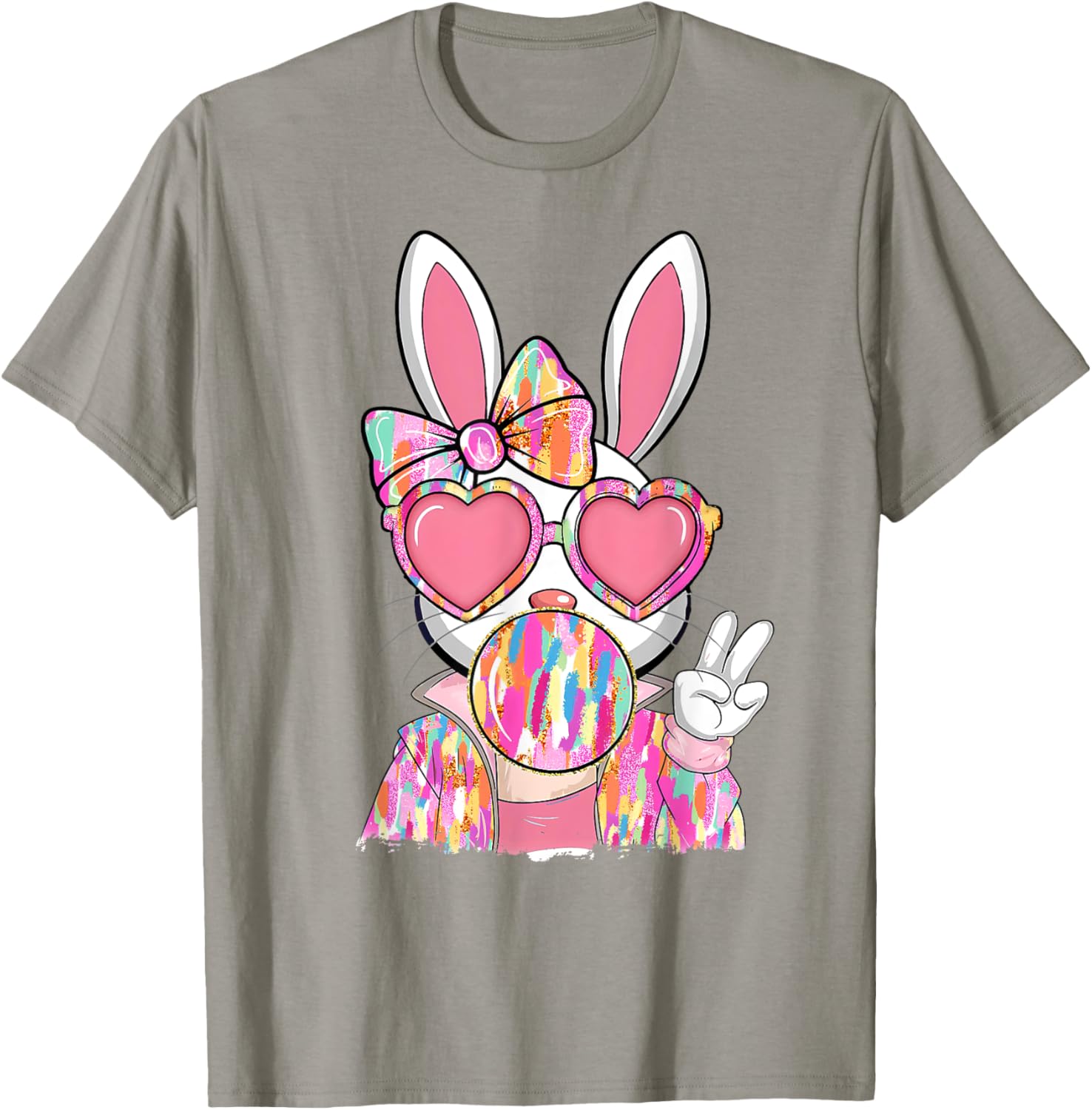 Cute Brushstroke Bunny Blowing Bubble Gum Easter Bow T-Shirt for Kids - 5