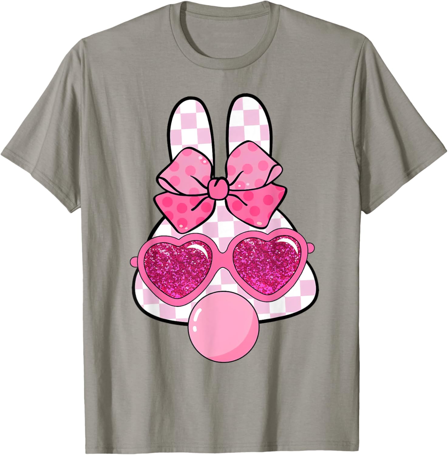Checkered Bunny with Bubble Gum Coquette Bow Easter T-Shirt for Fun Style - 17
