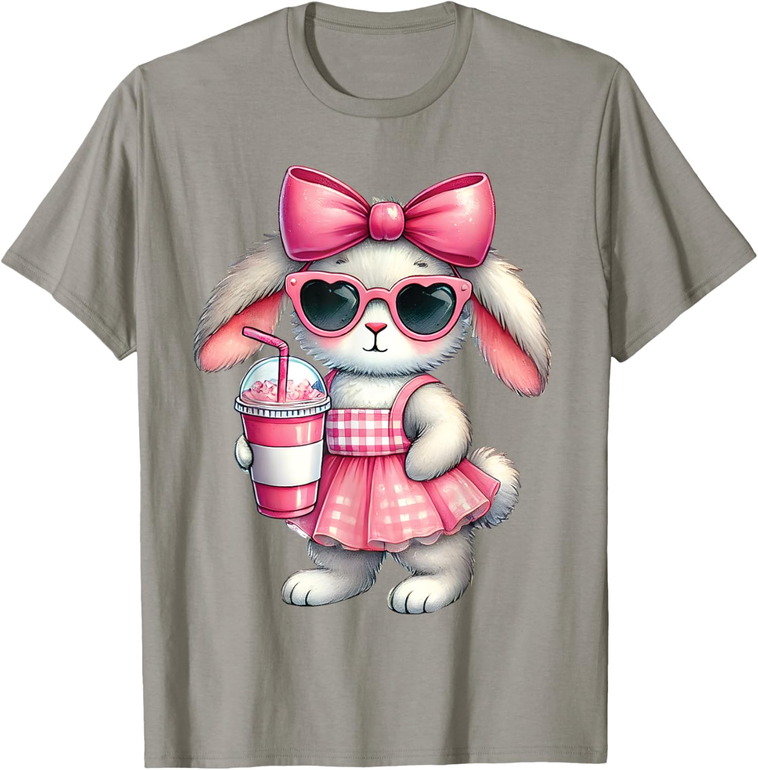 Cute Easter Bunny Drinking Iced Coffee T-Shirt for Women and Girls - 11
