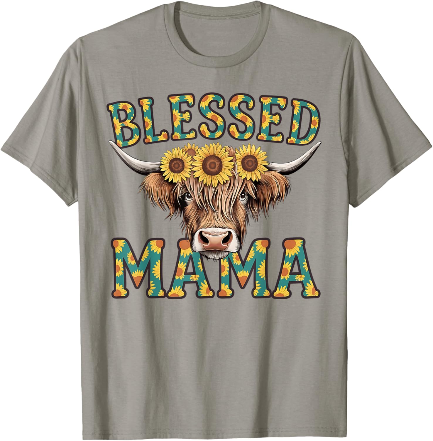 Cute Blessed Mama Highland Cow T-Shirt with Sunflowers for Mother's Day - 21