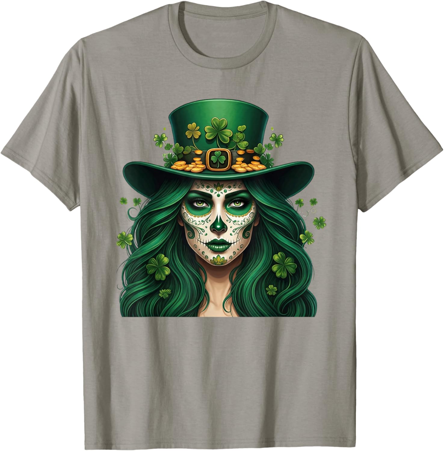 Cute Sugar Skull St Patrick's Day T-Shirt with Shamrock Design for Women - 15