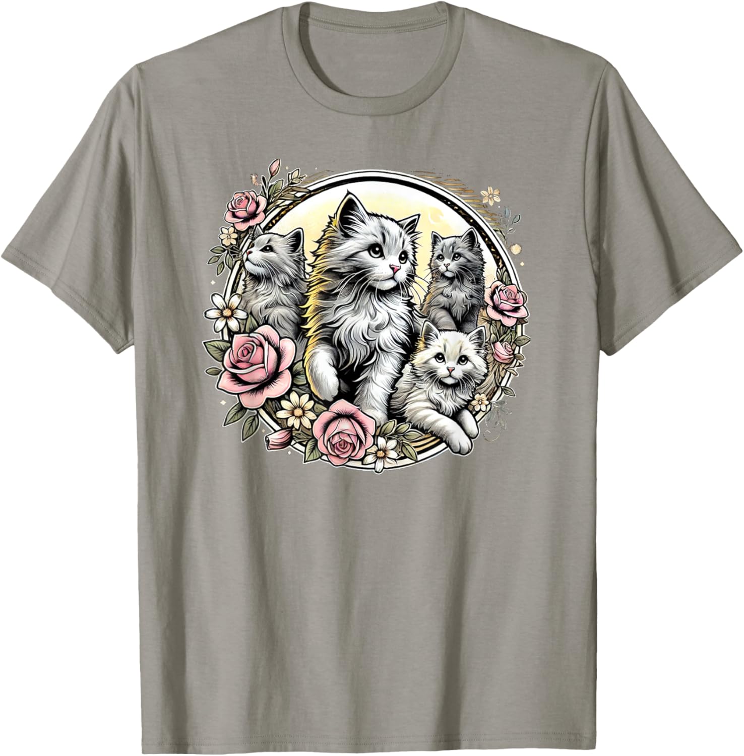 Cute Fluffy Kittens with Vintage Roses T-Shirt for Cat Lovers - 14