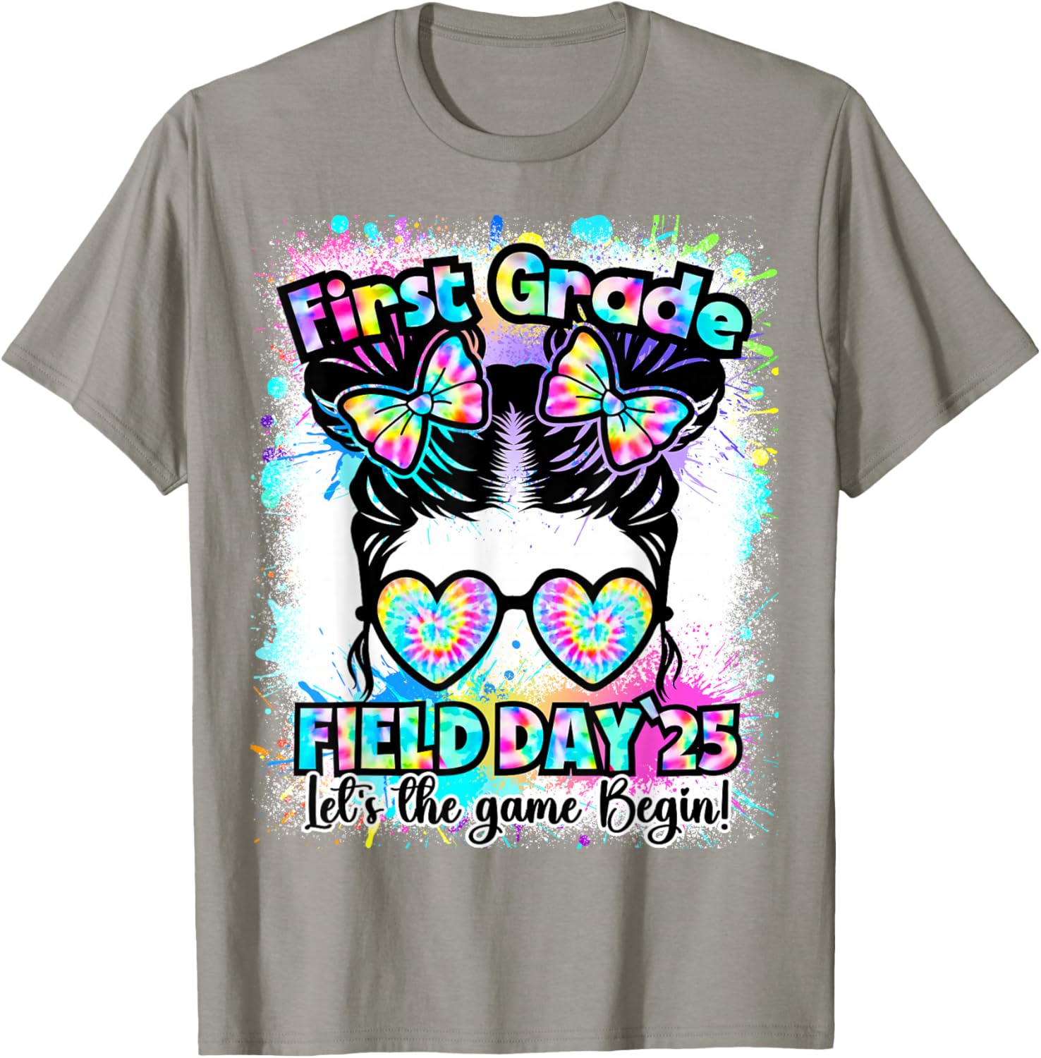 First Grade Field Day 2025 Messy Bun Teacher Kids T-Shirt Fun Design - 21