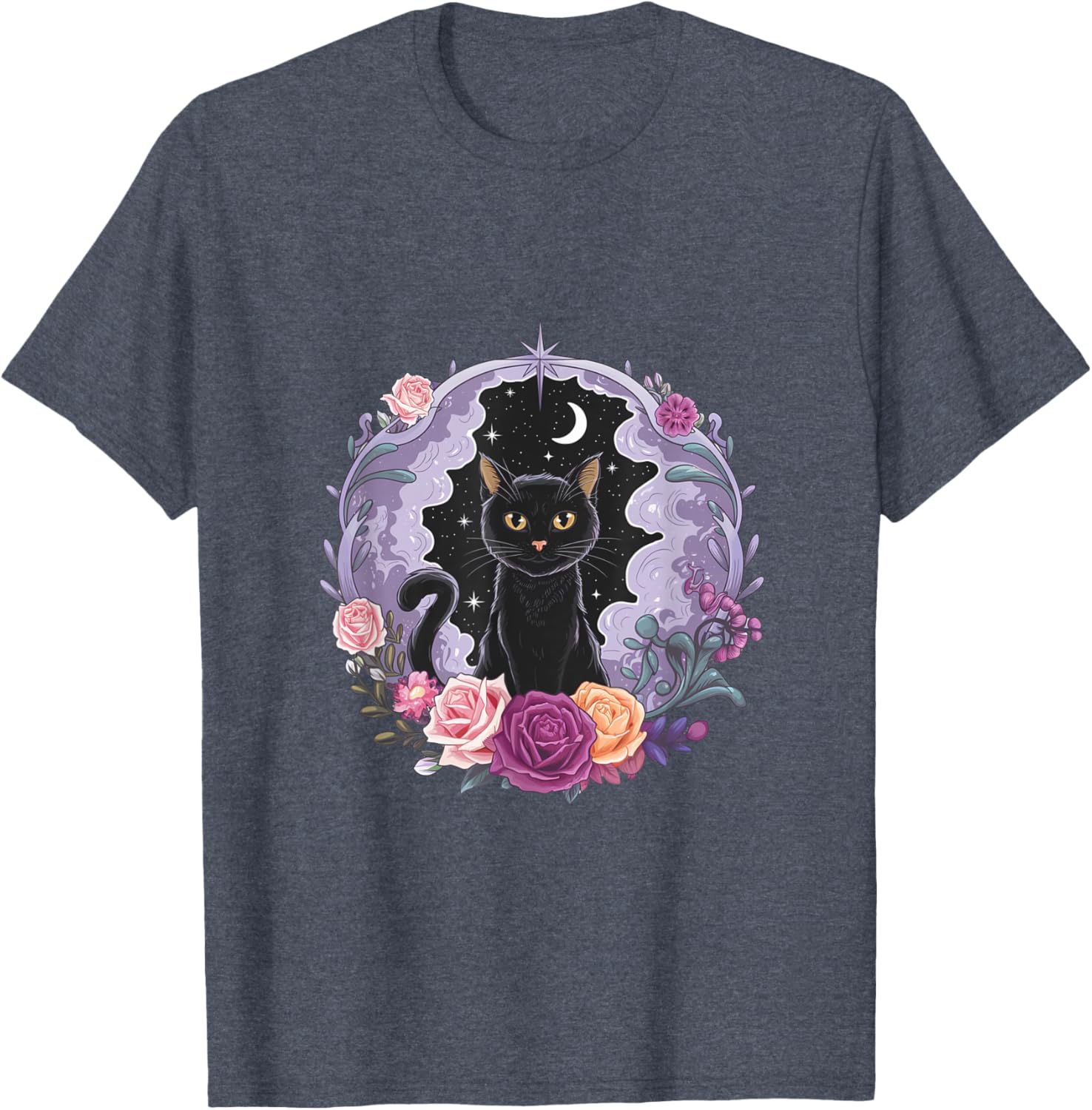 Cute Kawaii Purple Gothic T-Shirt with Black Cat and Moon Crystal Design - 6