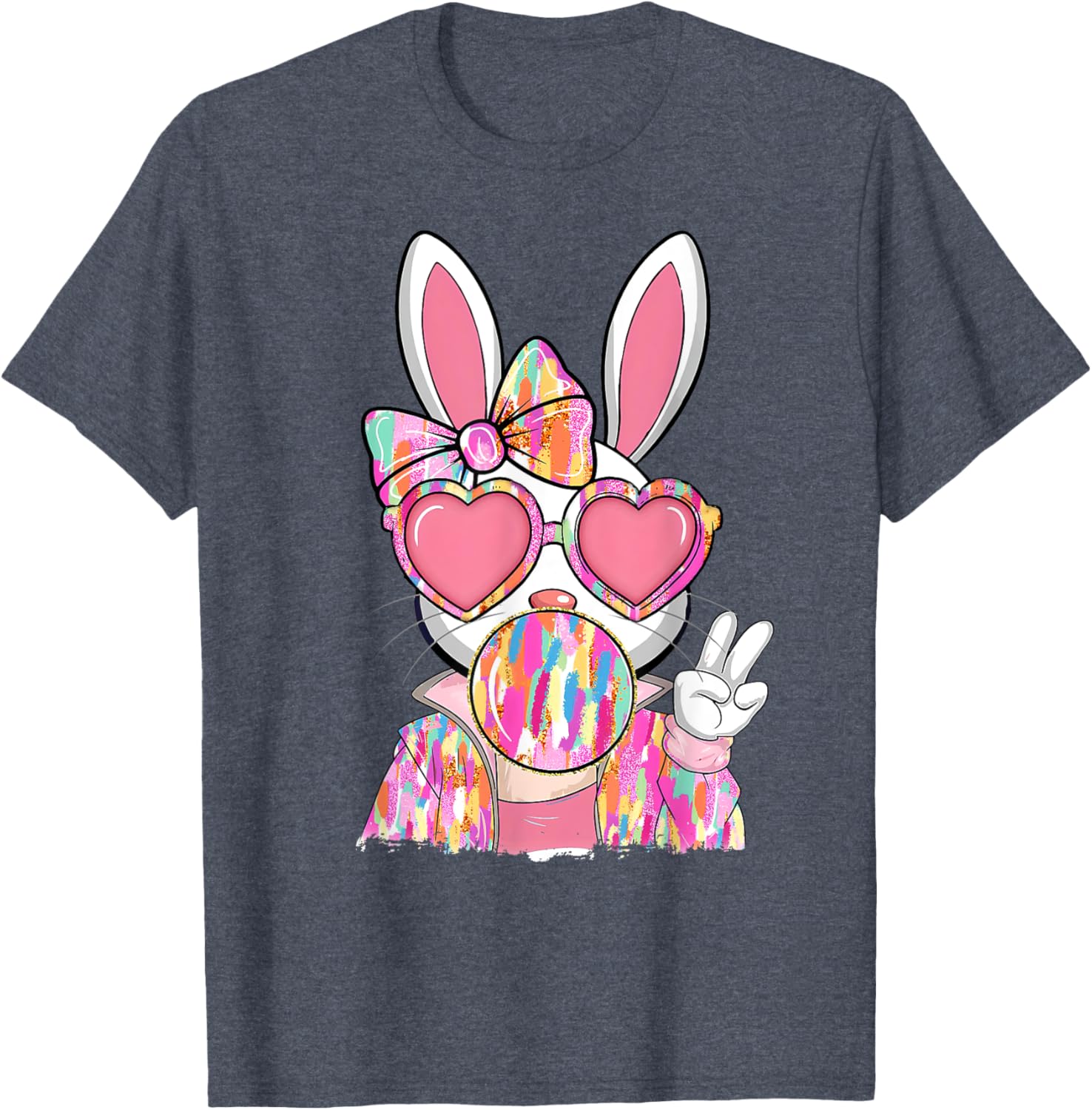 Cute Brushstroke Bunny Blowing Bubble Gum Easter Bow T-Shirt for Kids - 6
