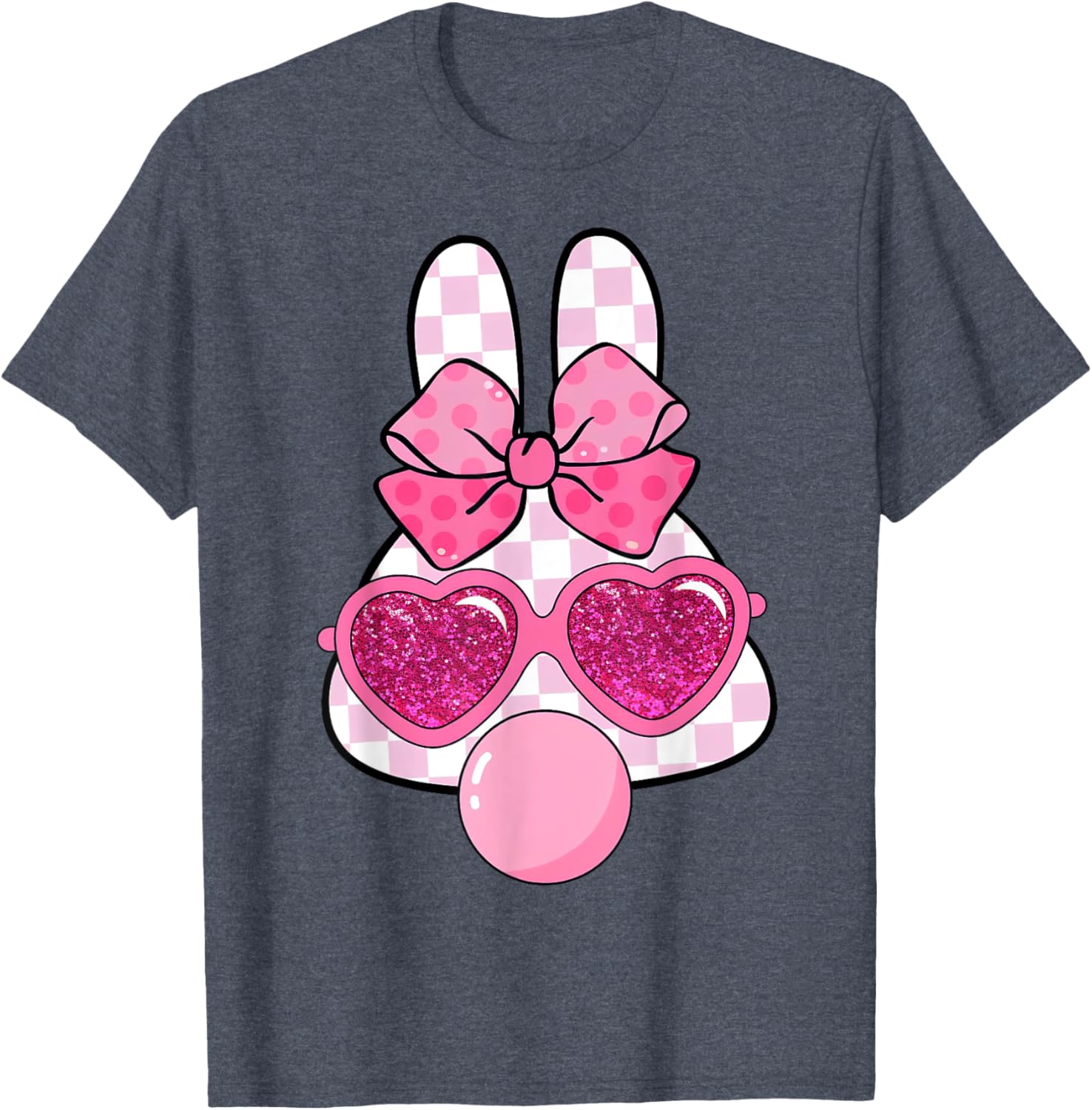 Checkered Bunny with Bubble Gum Coquette Bow Easter T-Shirt for Fun Style - 13