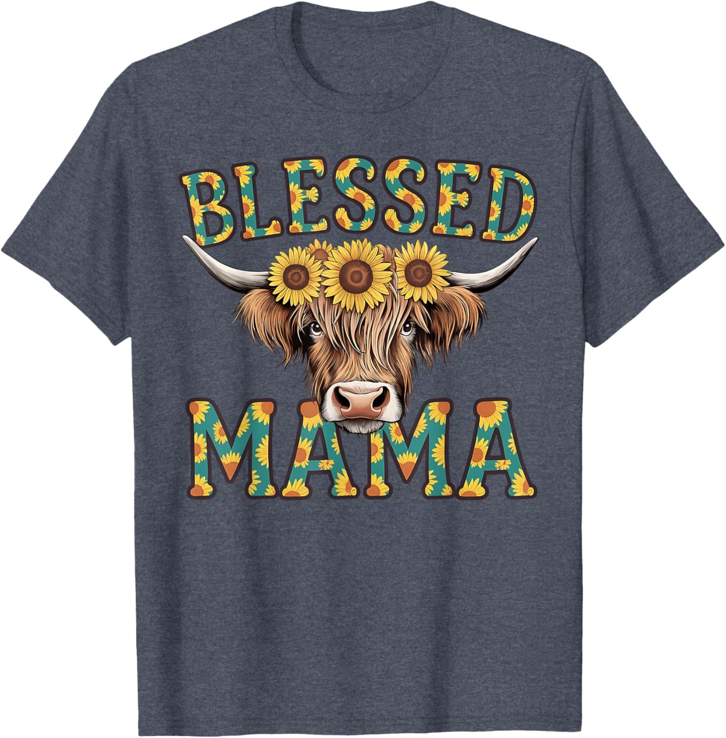 Cute Blessed Mama Highland Cow T-Shirt with Sunflowers for Mother's Day - 19