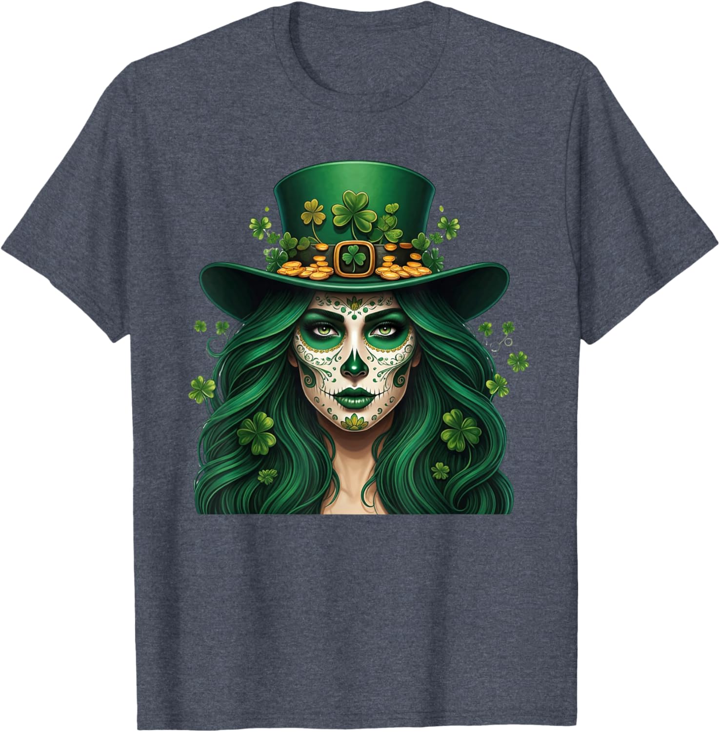 Cute Sugar Skull St Patrick's Day T-Shirt with Shamrock Design for Women - 18