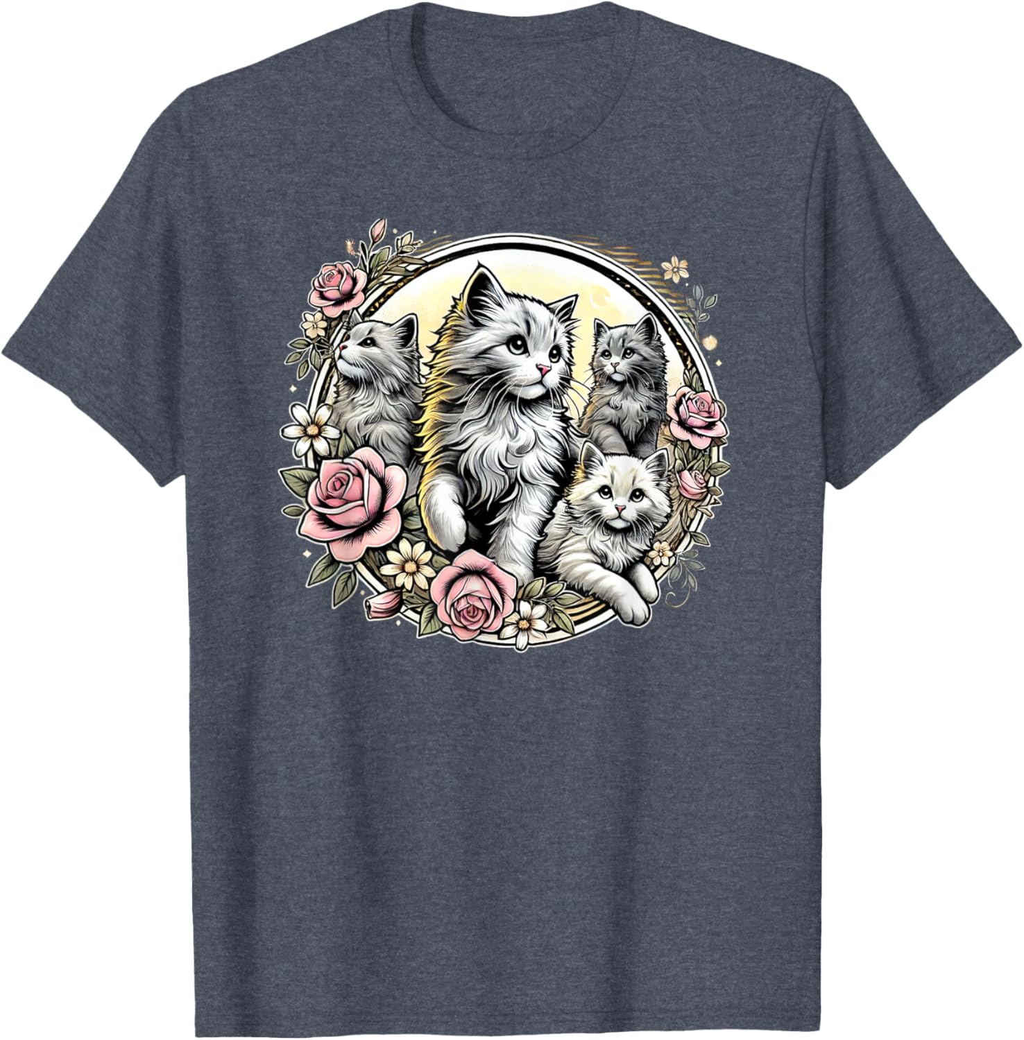 Cute Fluffy Kittens with Vintage Roses T-Shirt for Cat Lovers - 21