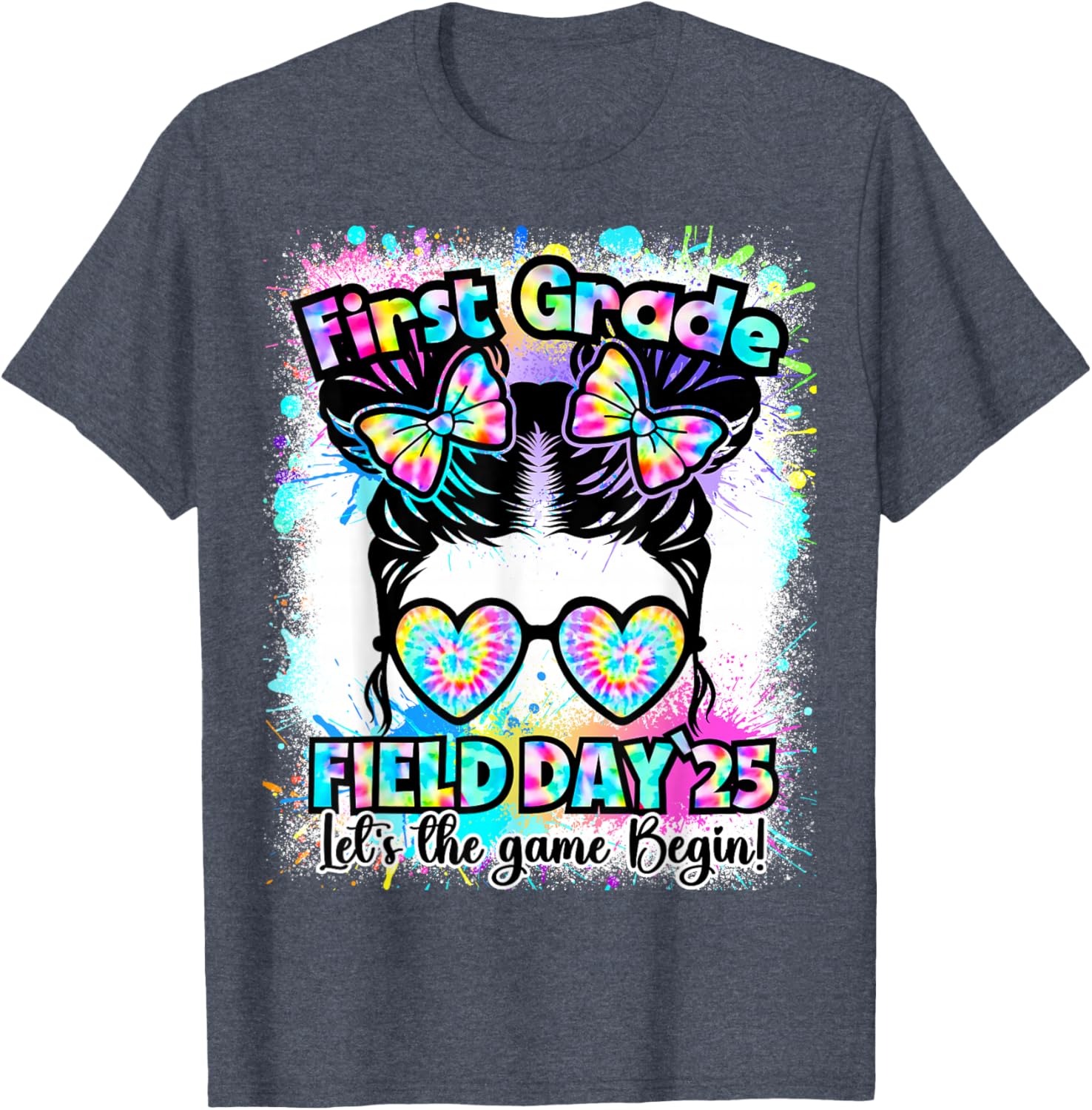 First Grade Field Day 2025 Messy Bun Teacher Kids T-Shirt Fun Design - 25