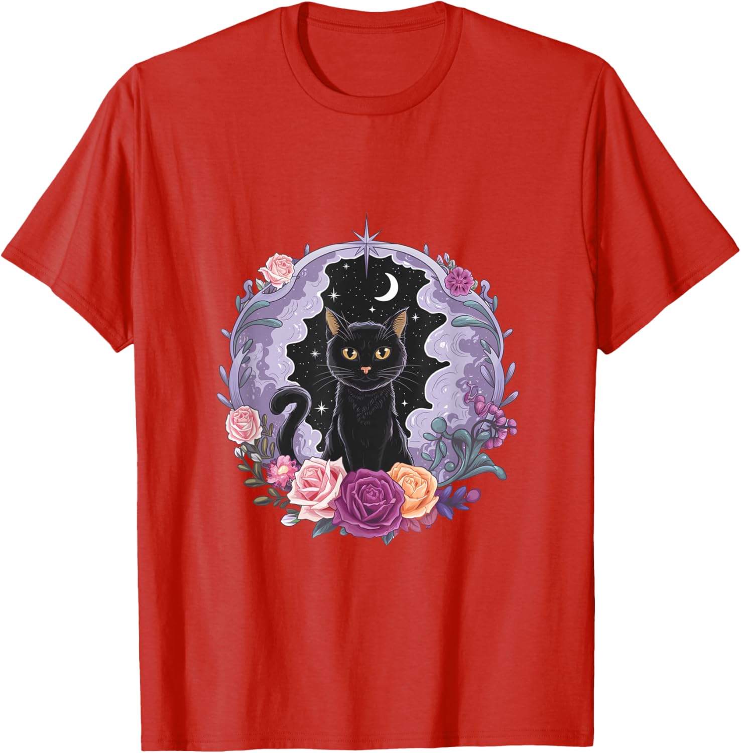 Cute Kawaii Purple Gothic T-Shirt with Black Cat and Moon Crystal Design - 12