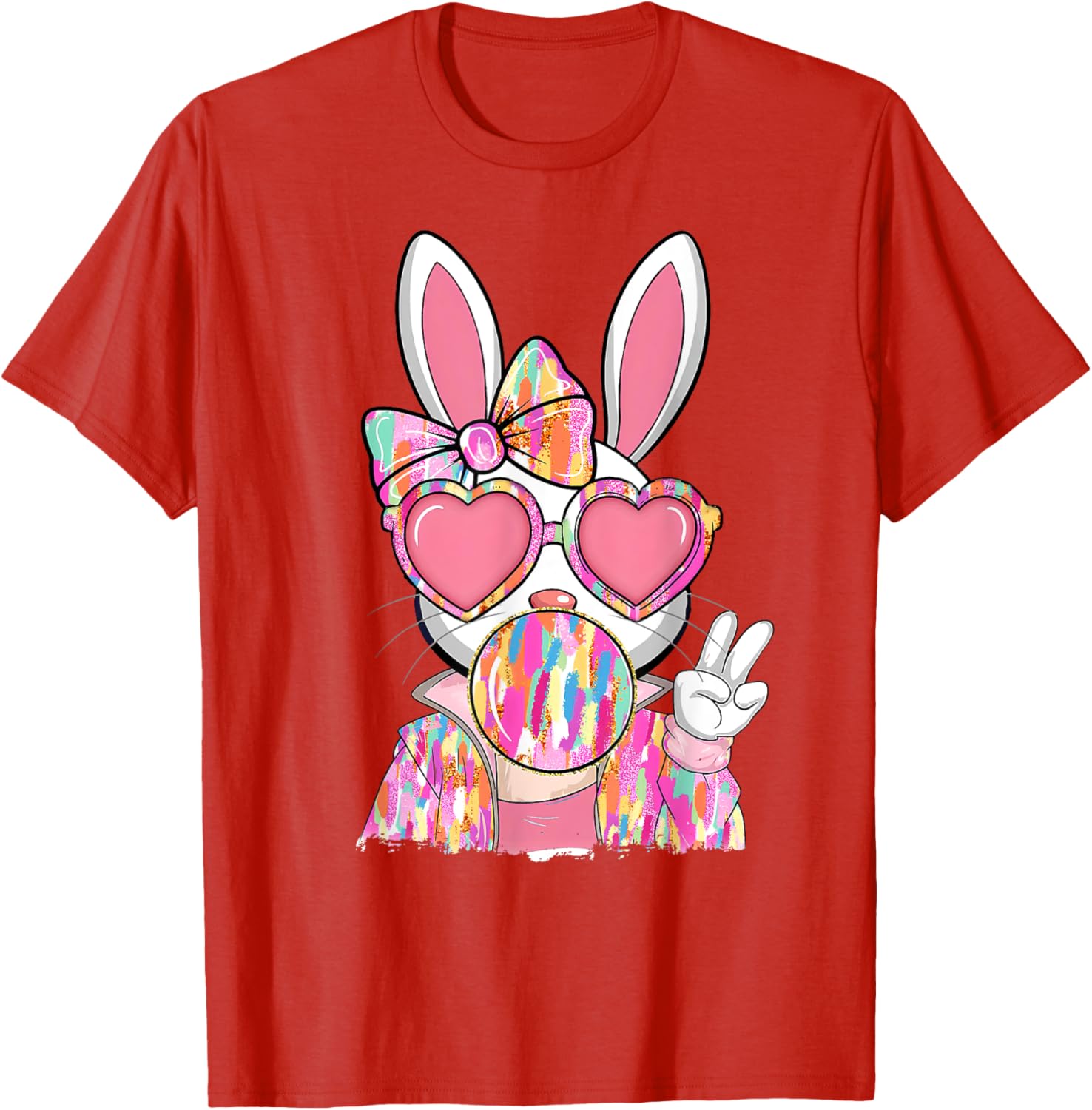 Cute Brushstroke Bunny Blowing Bubble Gum Easter Bow T-Shirt for Kids - 1