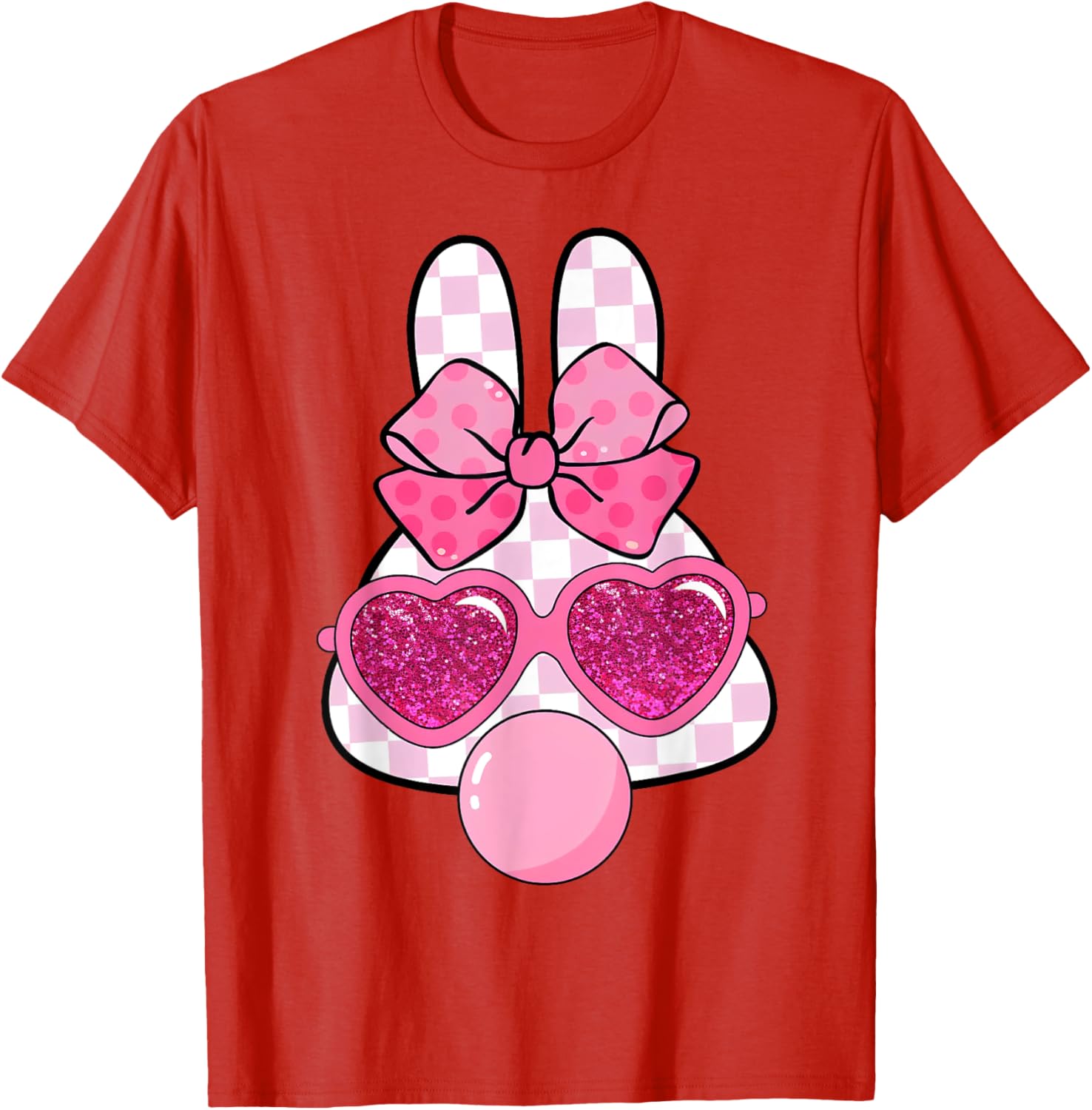 Checkered Bunny with Bubble Gum Coquette Bow Easter T-Shirt for Fun Style - 16