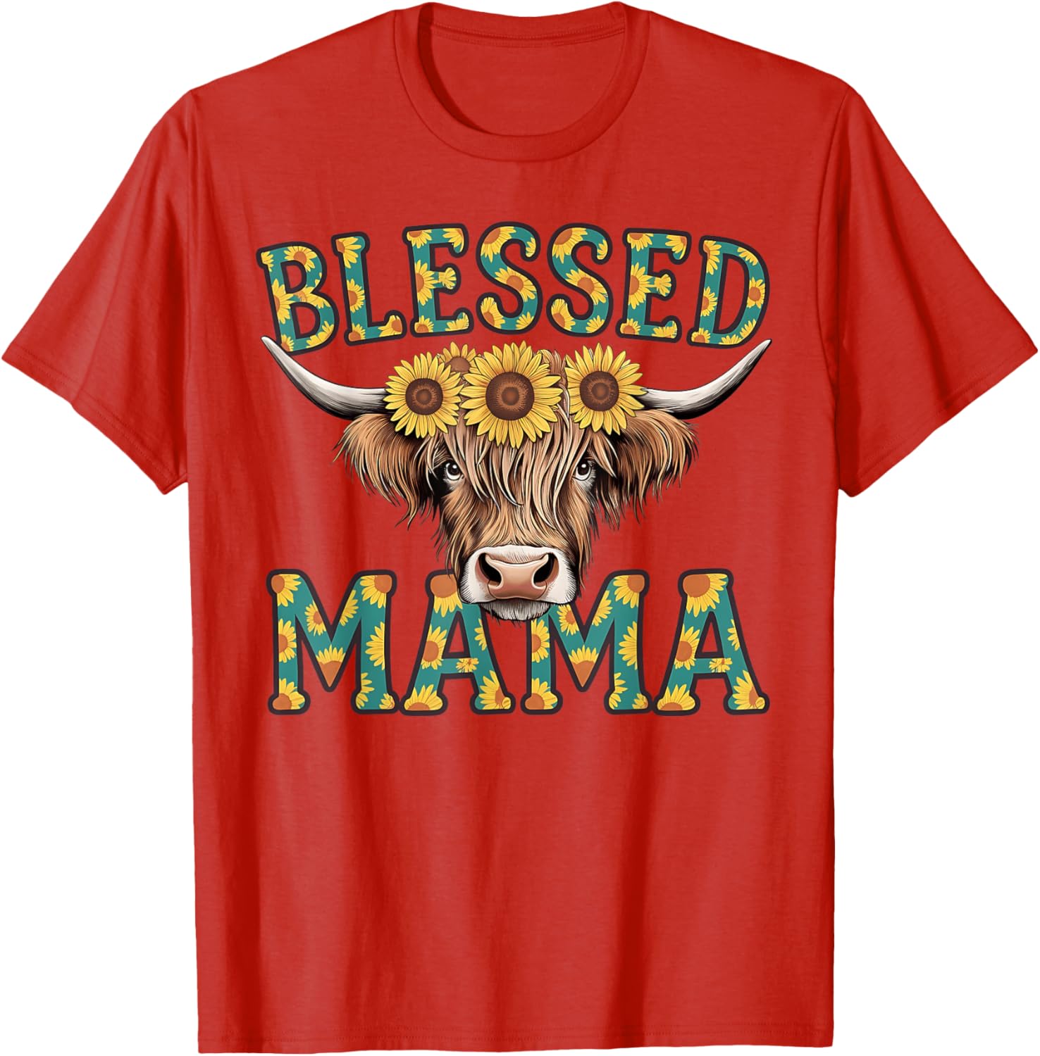 Cute Blessed Mama Highland Cow T-Shirt with Sunflowers for Mother's Day - 6