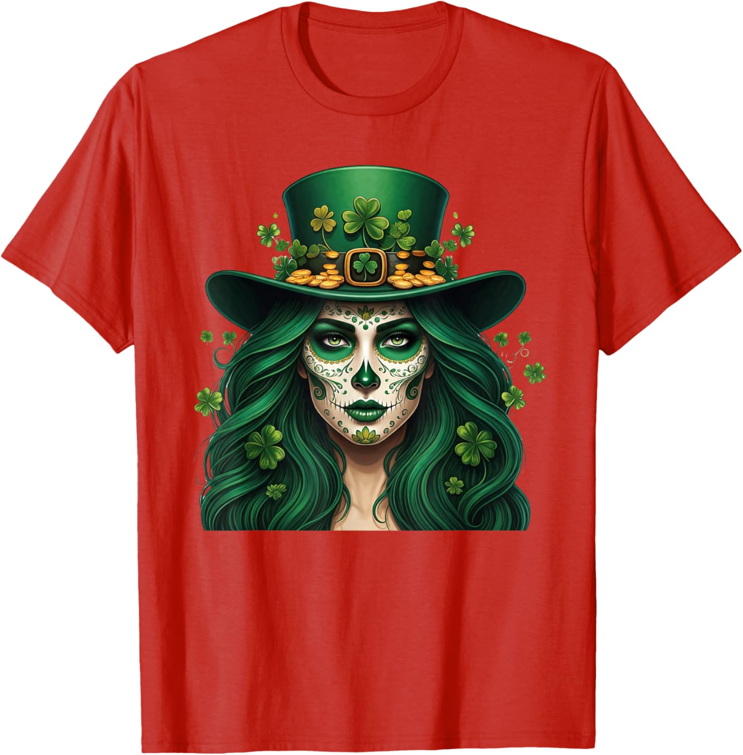 Cute Sugar Skull St Patrick's Day T-Shirt with Shamrock Design for Women - 16