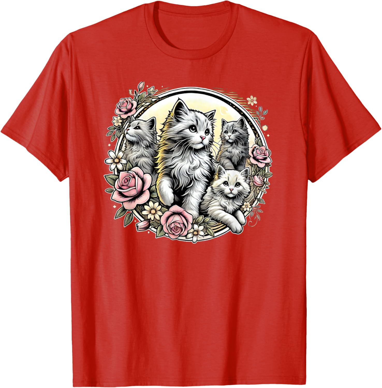 Cute Fluffy Kittens with Vintage Roses T-Shirt for Cat Lovers - 20