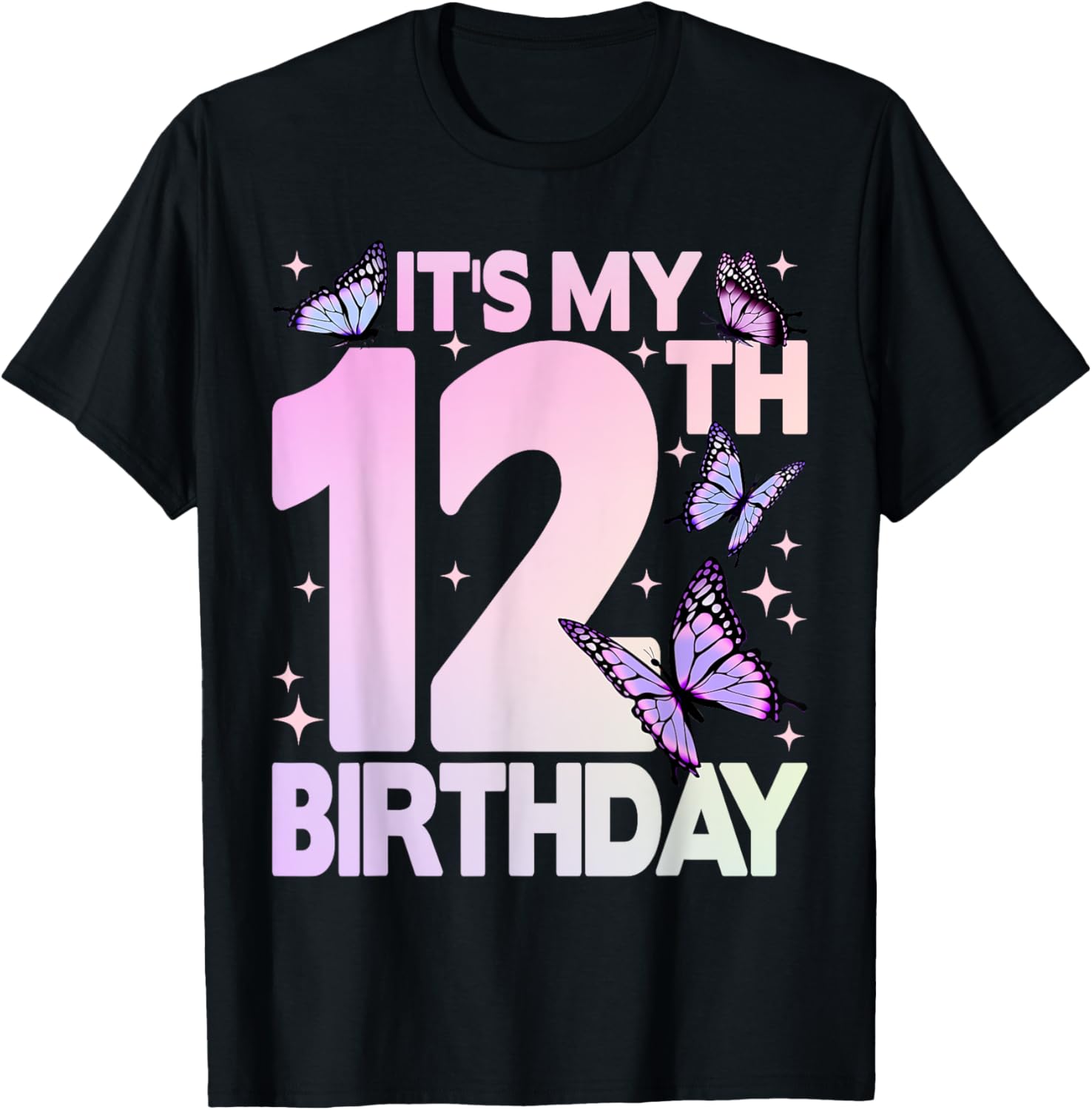 Cute Butterfly 12th Birthday T-Shirt for Girls Celebrating Turning 12 - 2