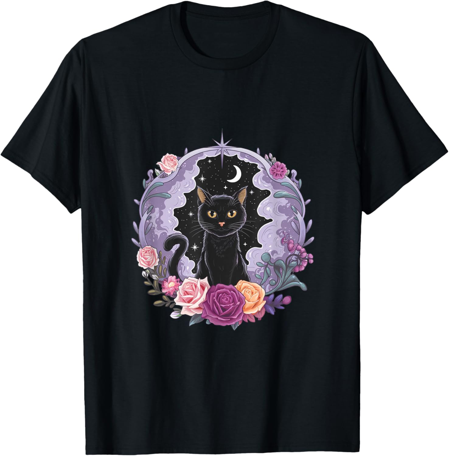 Cute Kawaii Purple Gothic T-Shirt with Black Cat and Moon Crystal Design - 2