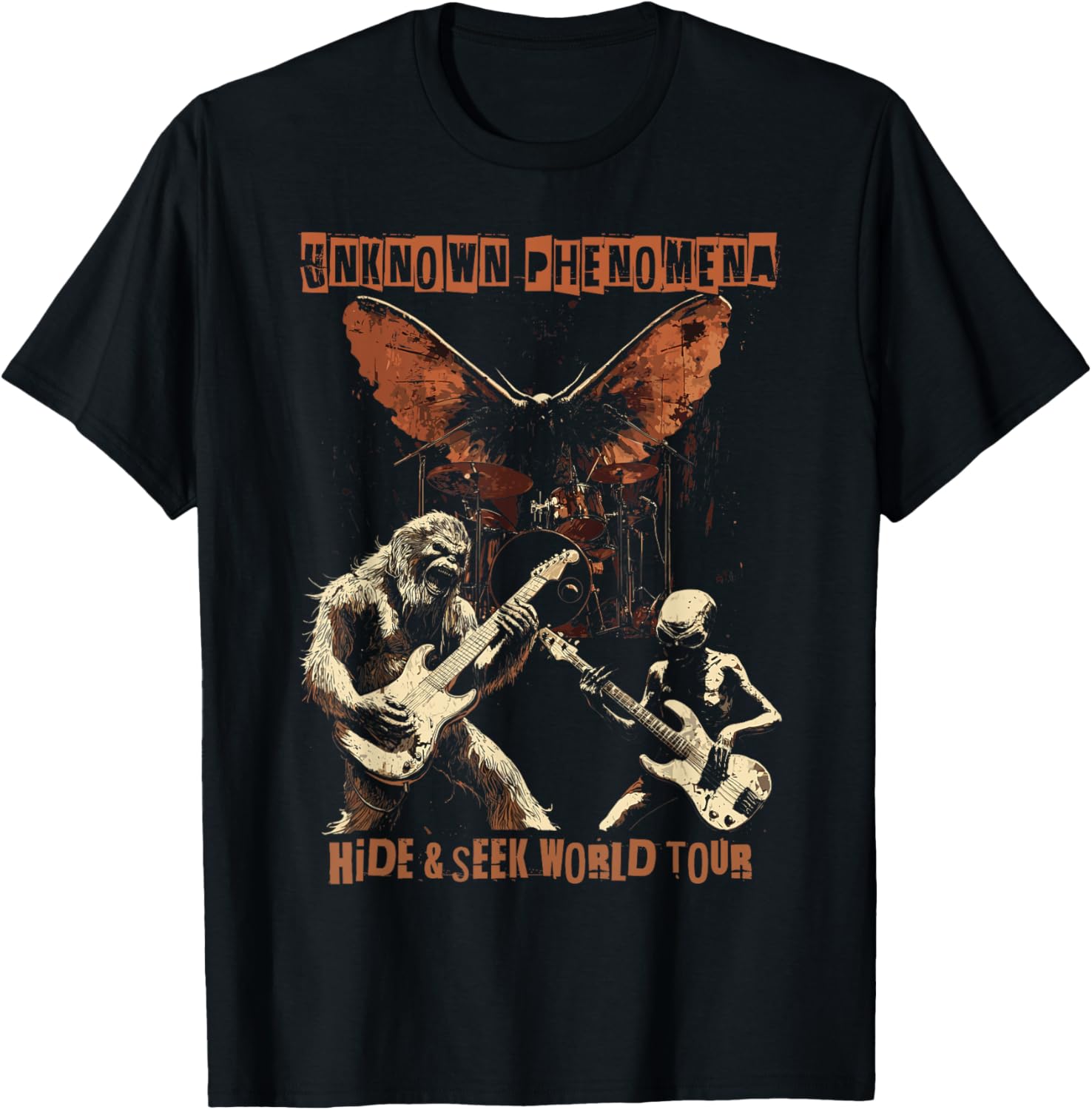 Cryptid Heavy Metal T-Shirt featuring Bigfoot, Alien, and Mothman Design - 1