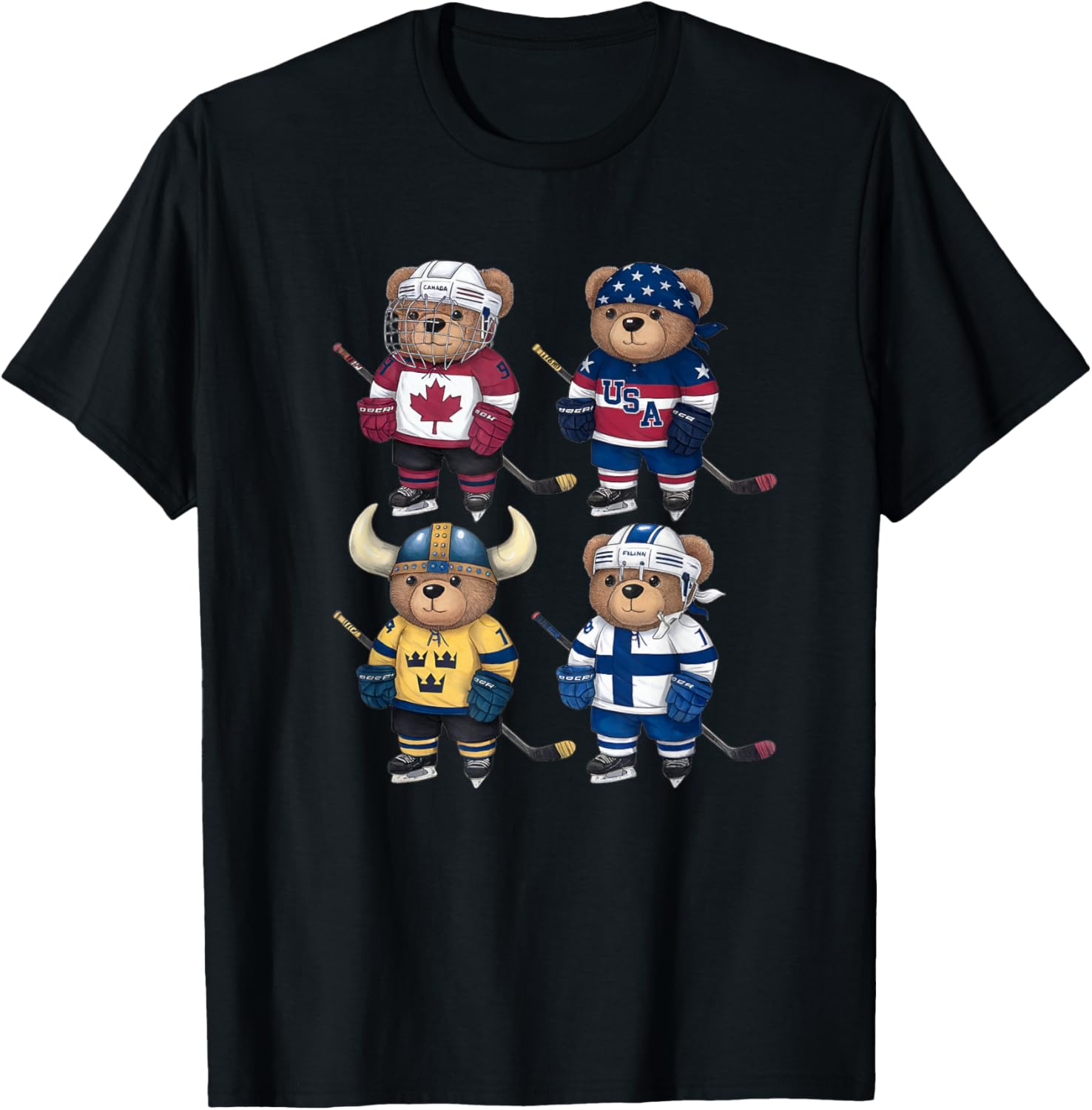 Four Nations Battle Teddy Bear Hockey Player T-Shirt for Fans - 12